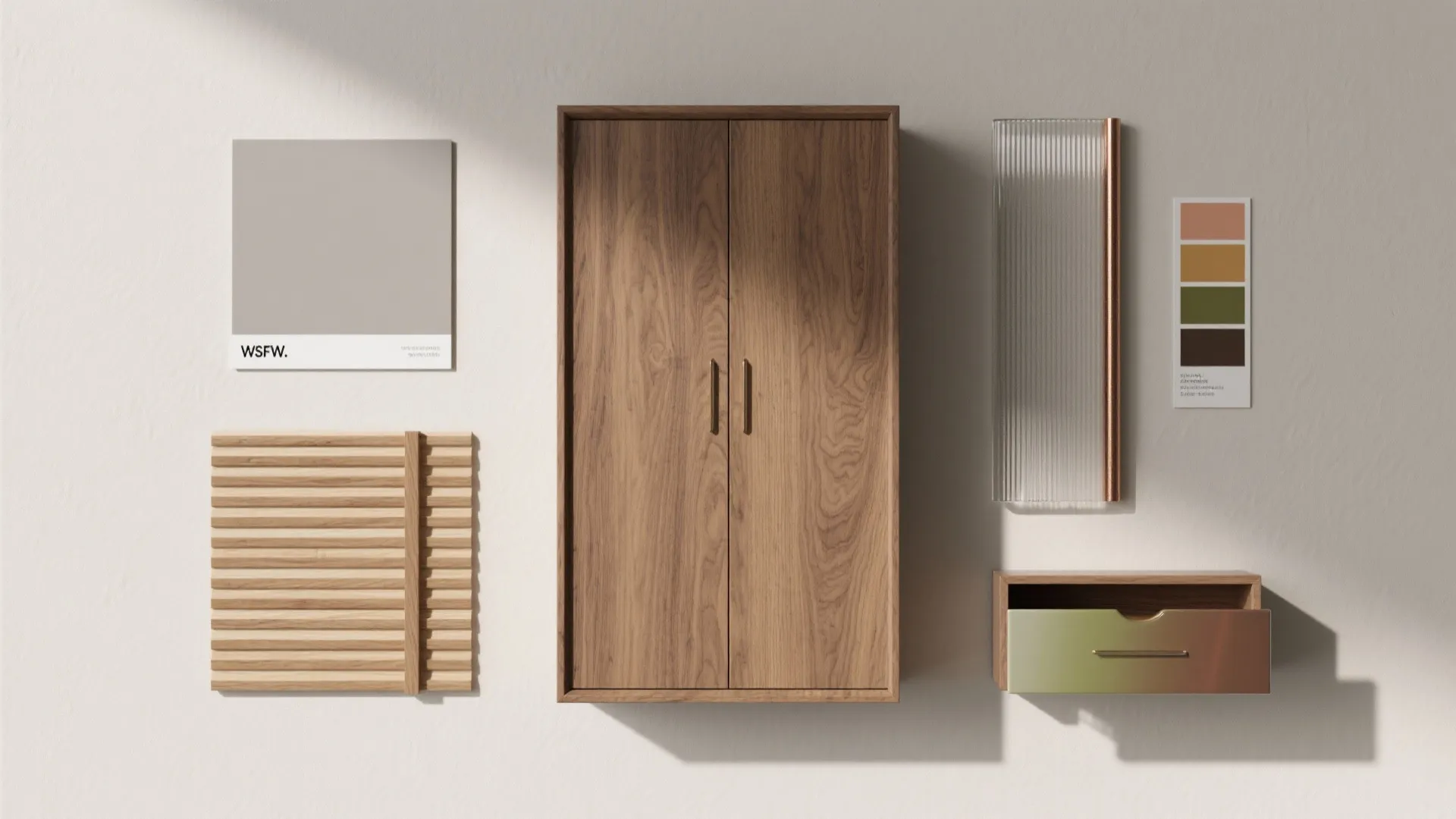 Interior design mood board with wooden cabinet wall panels glass samples and various color swatches