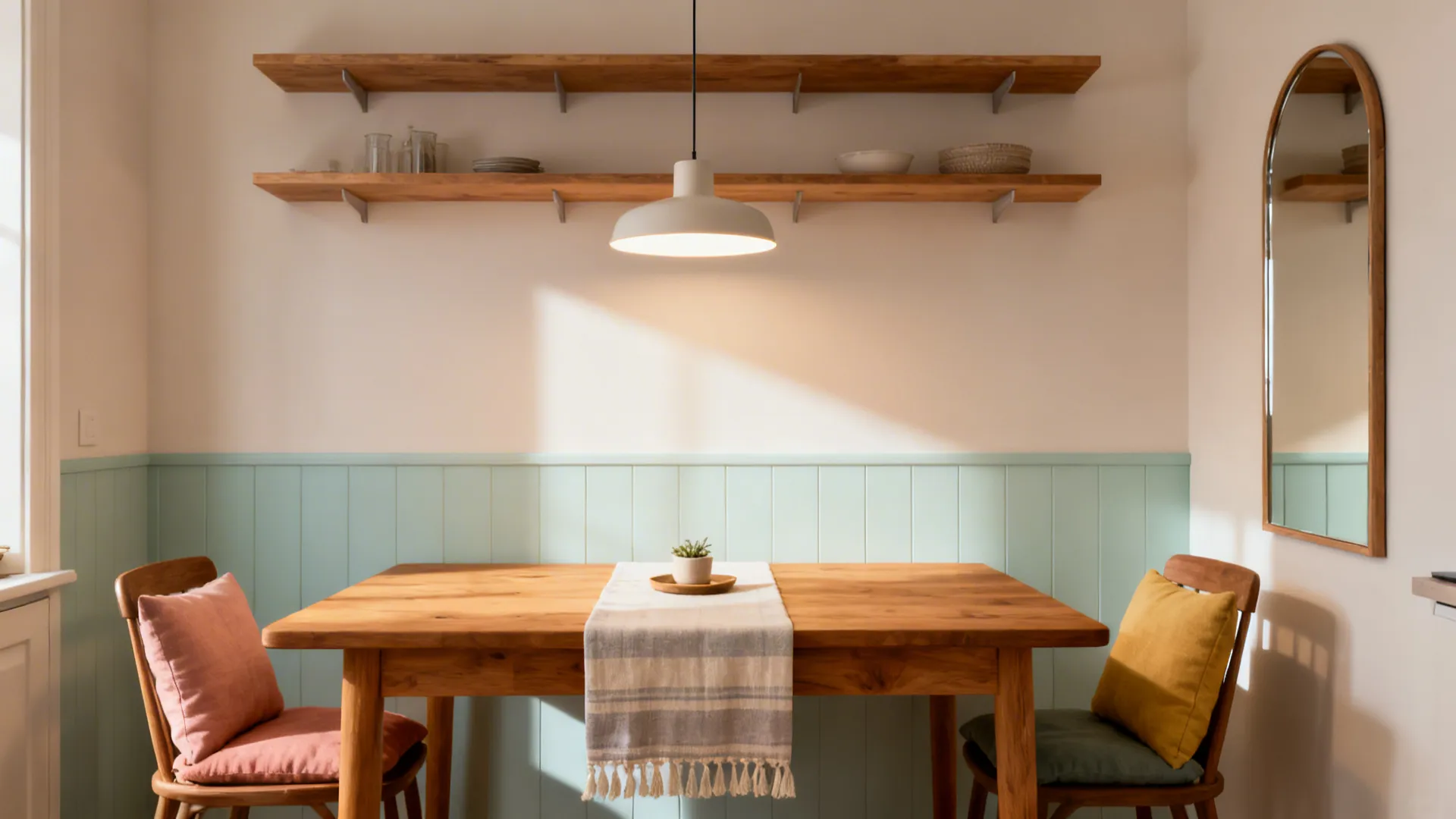 Warm oak table with pendant and color-coordinated cushions creating a cohesive look.
