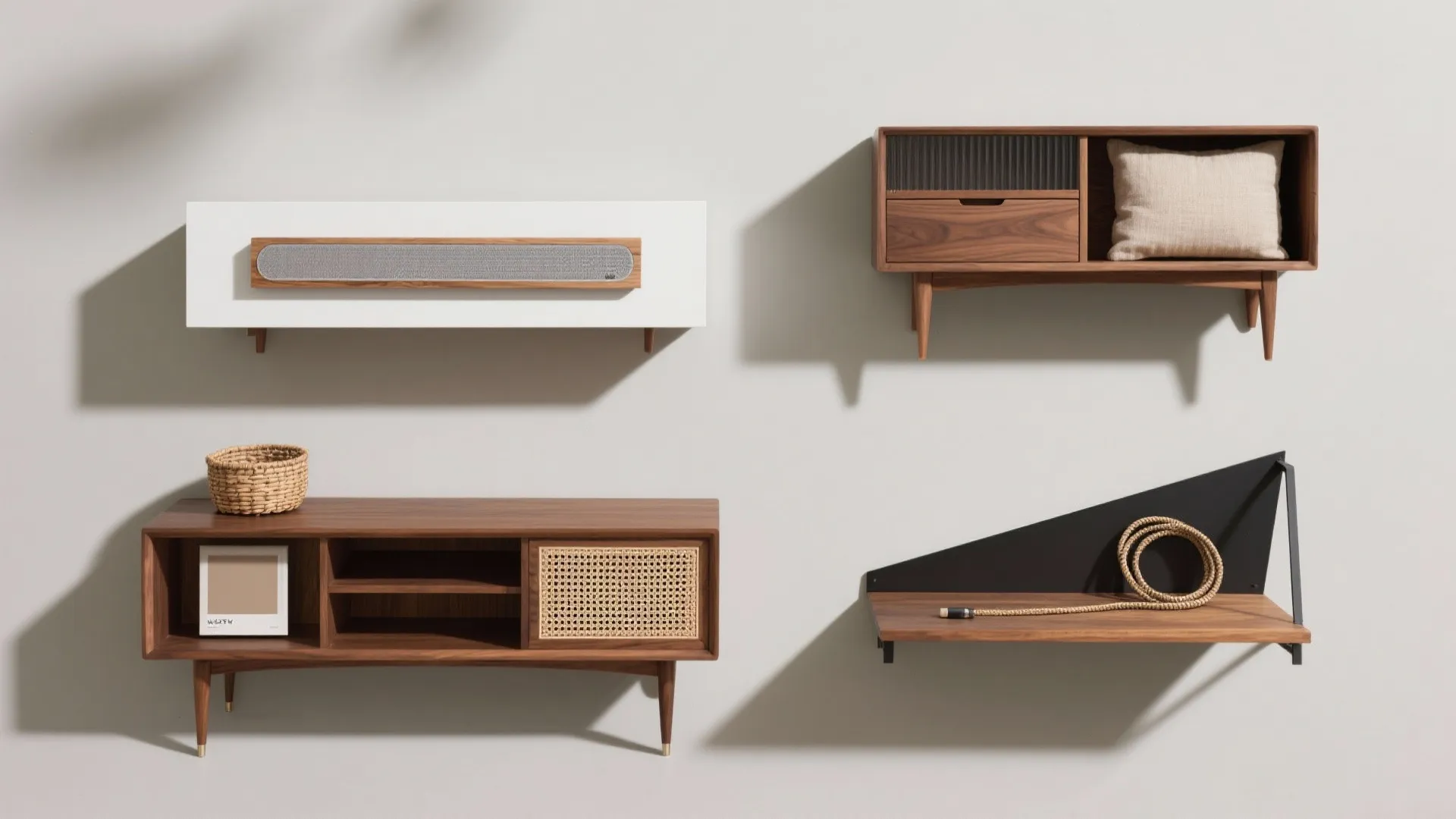 Four different wooden wall-mounted furniture pieces including shelves and cabinets displayed on a white wall
