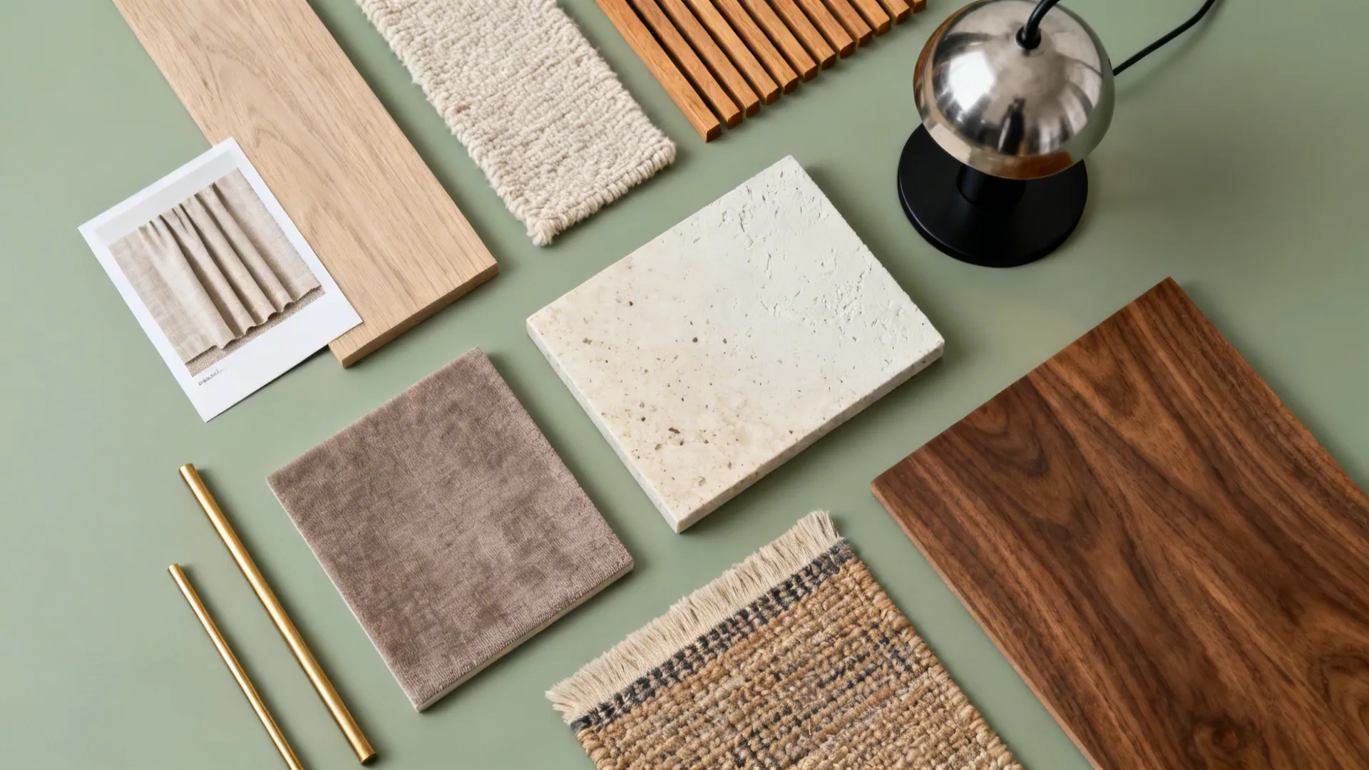 Flatlay of materials for Scandi, Japandi, soft contemporary, and mid-century pairings.