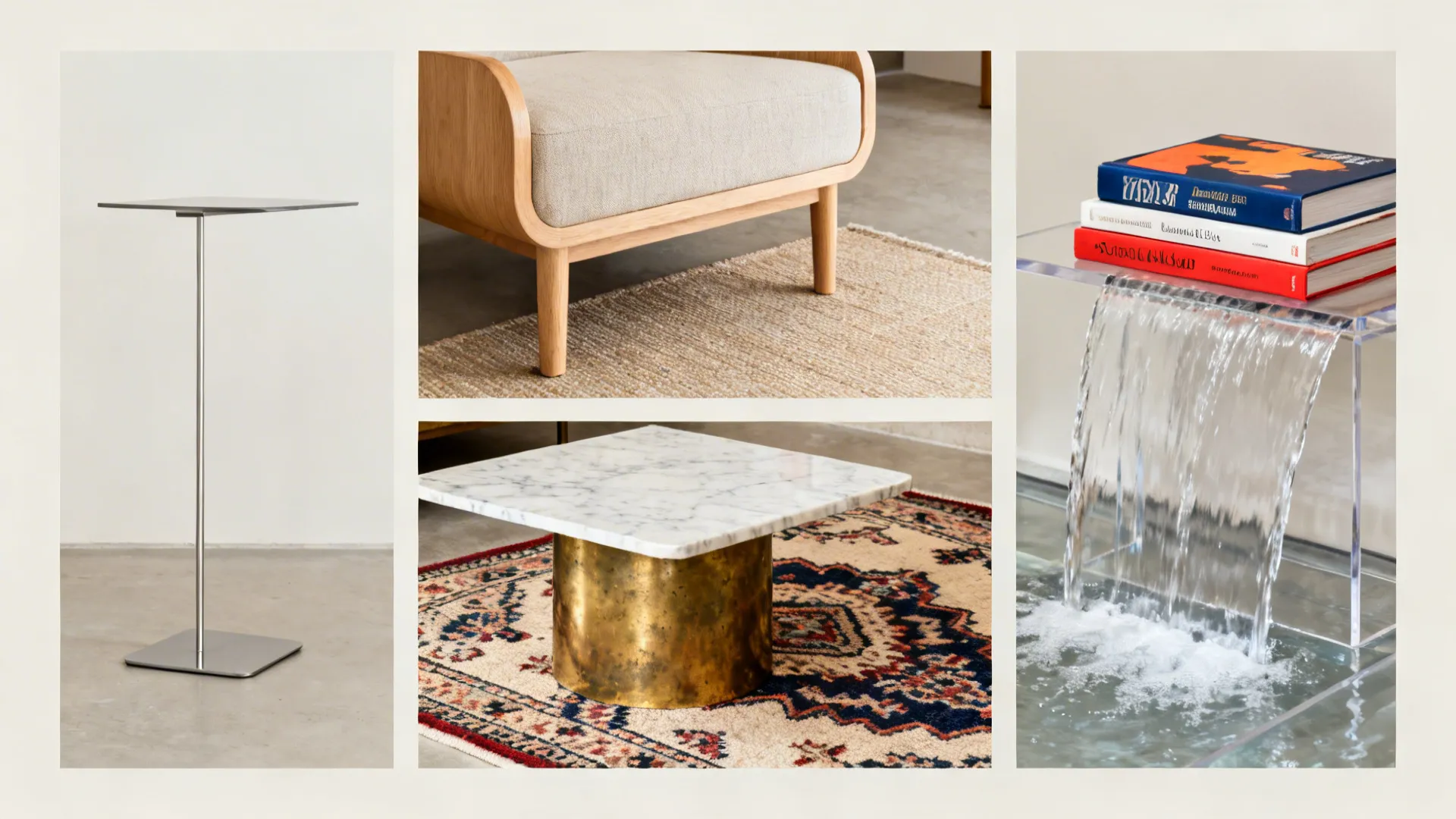Four styled coffee table vignettes: minimal, Scandinavian, eclectic, and contemporary acrylic.