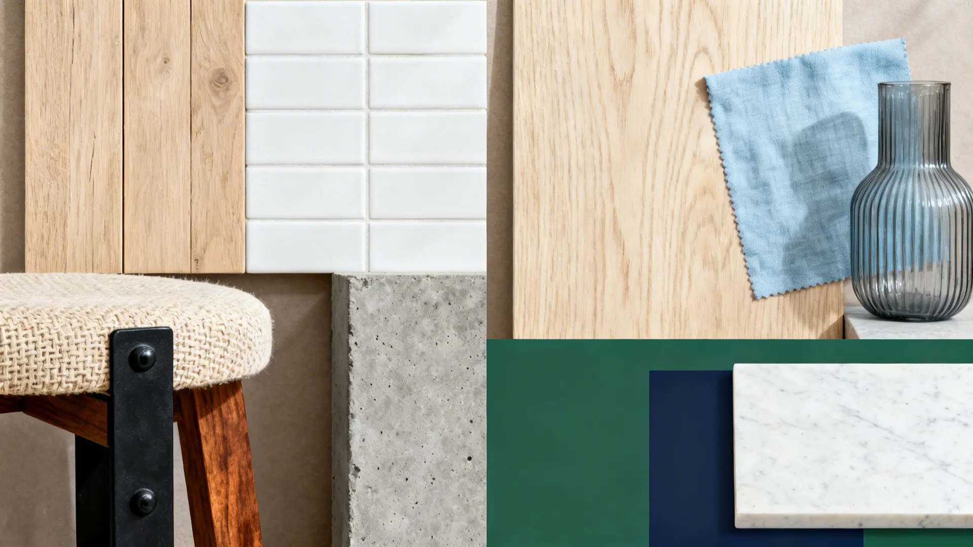 Flat lay of Scandinavian, Industrial, Coastal modern, and bold base palettes for small kitchen islands.