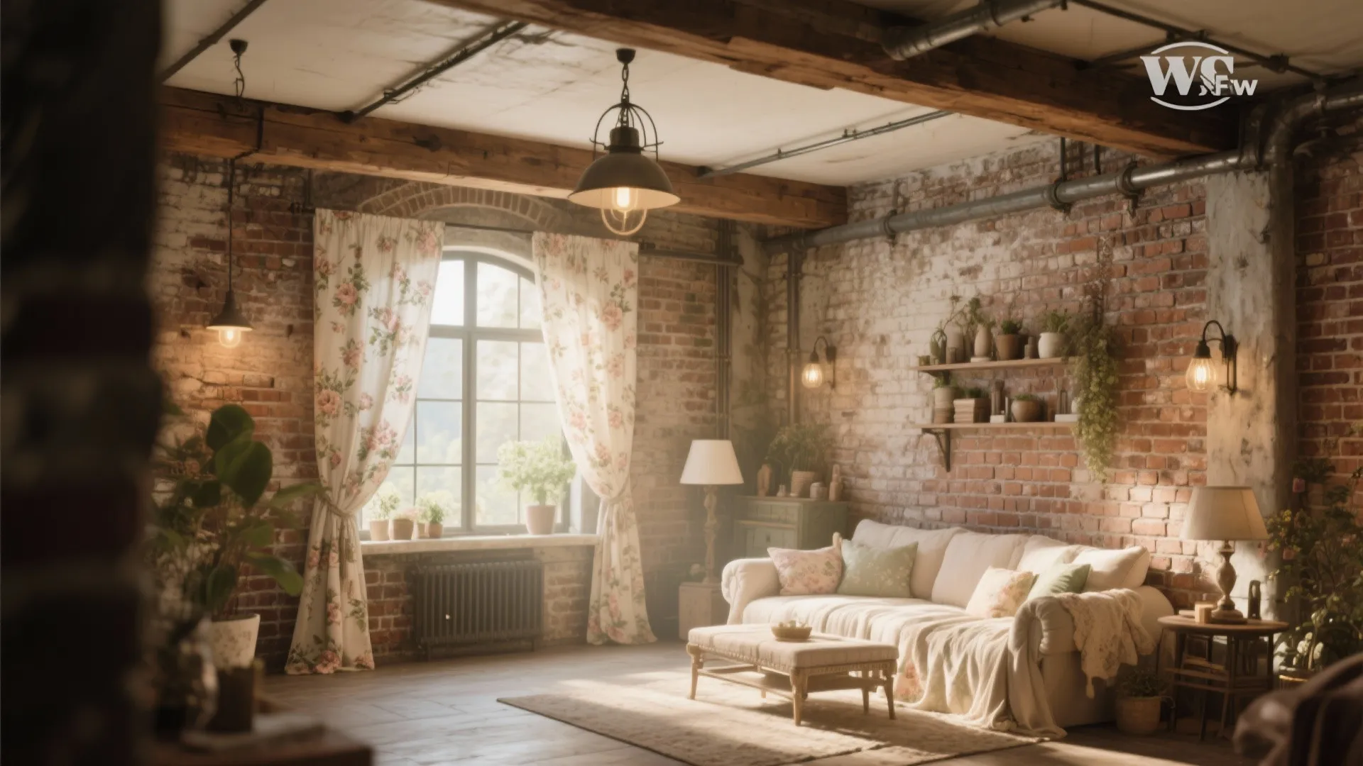 Industrial living room with brick walls floral curtains white sofa footrest ceiling light and wall lights