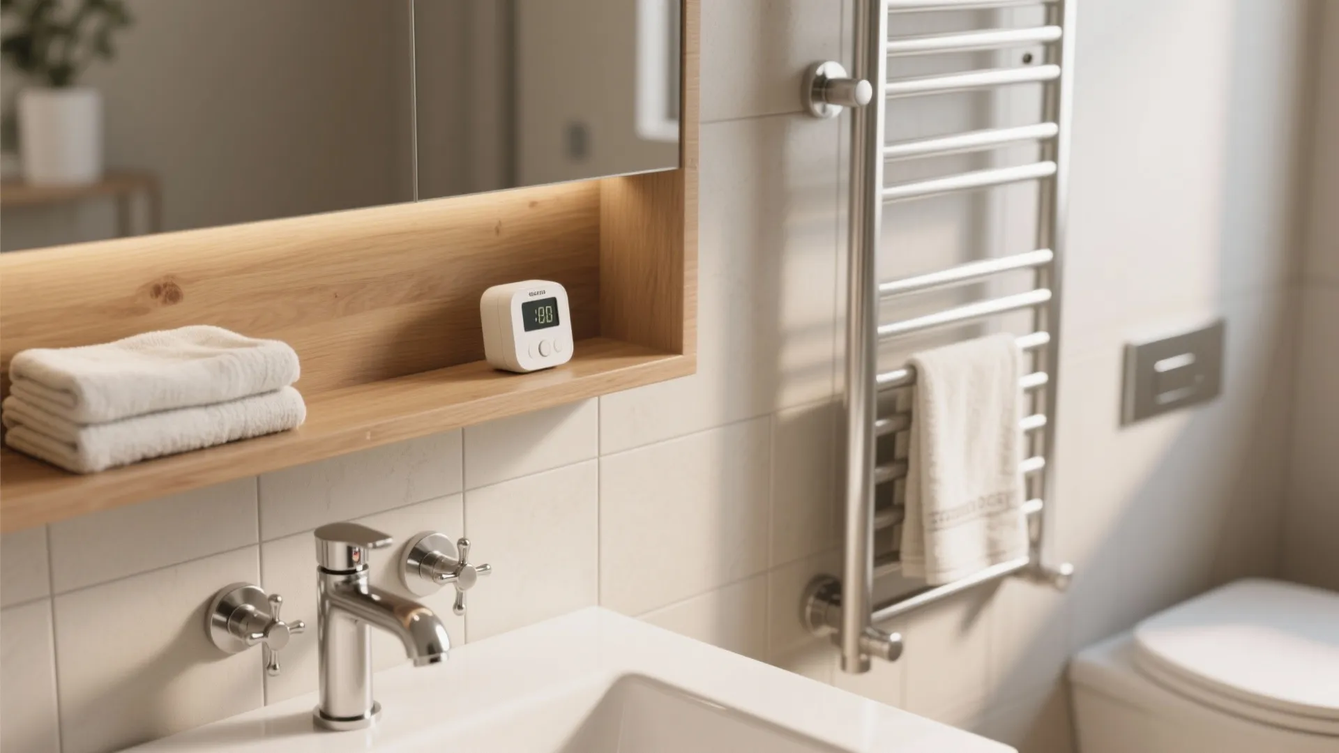 Coordinated bathroom finishes showing matching tap and towel rail with timer device