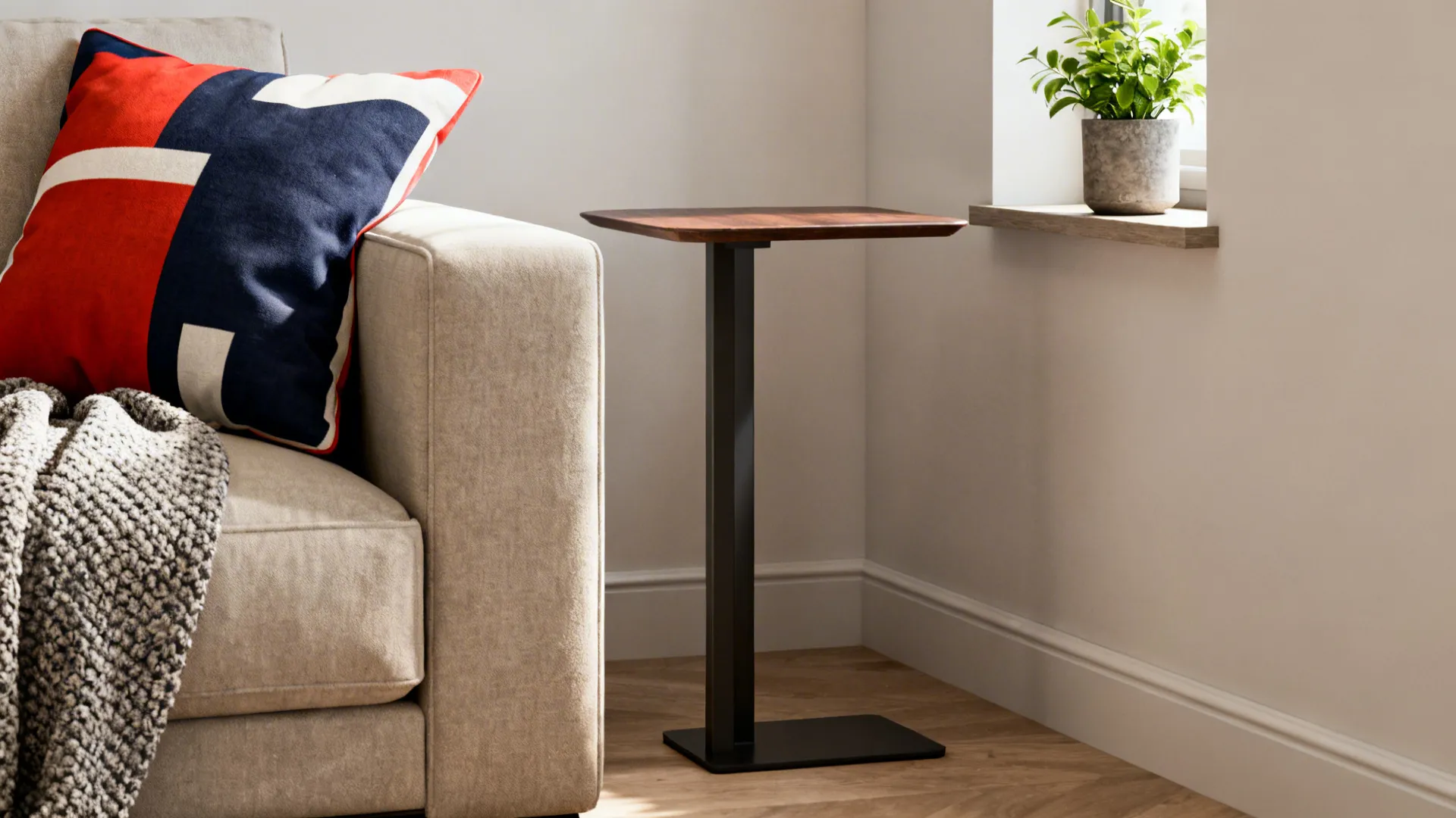 Styled living room corner with slim side table, accent pillow, and wall shelf illustrating scale and color tips.