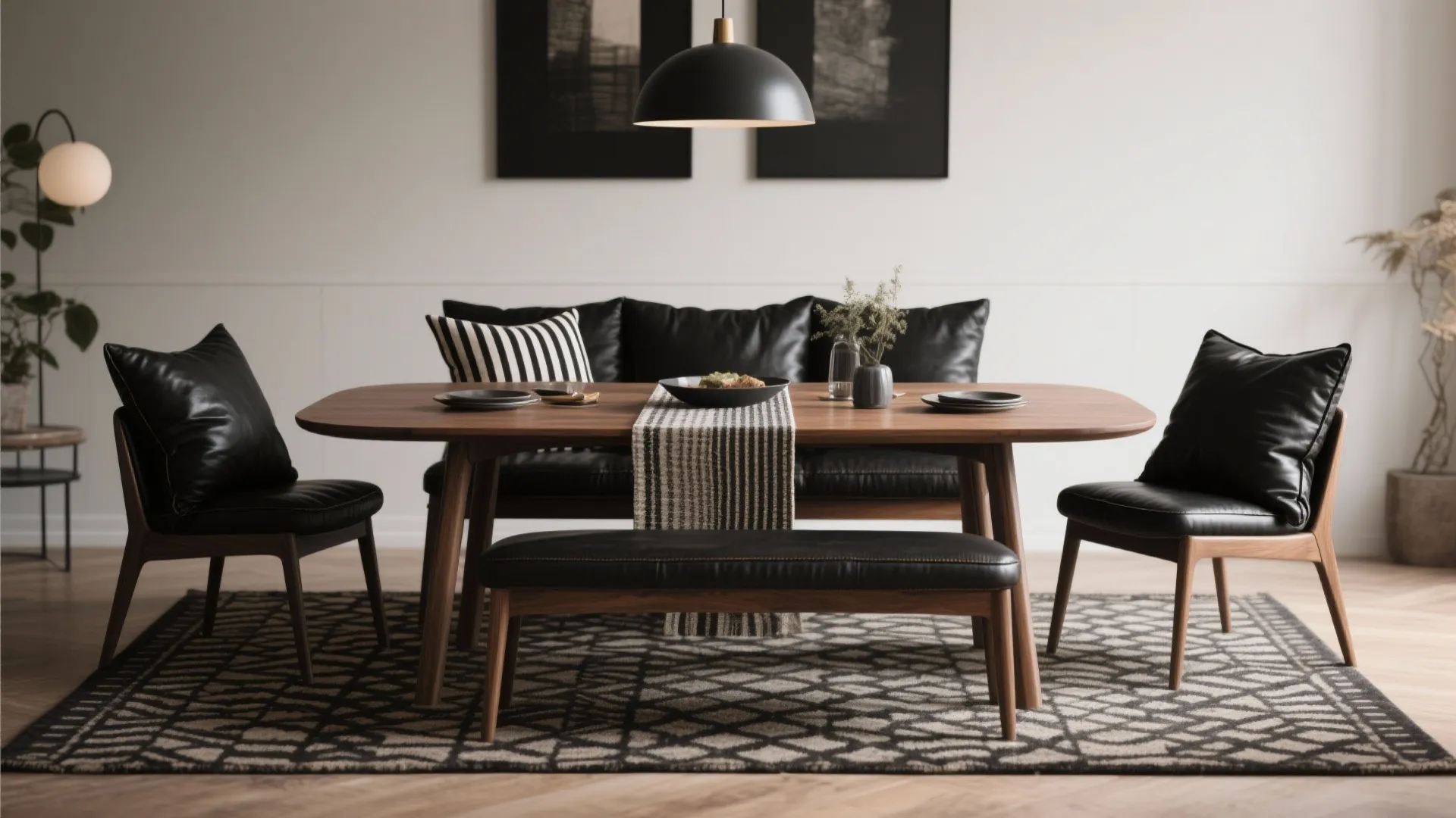 Styled dining scene with black 18 x 16 cushions layered with accent textiles, runner, and warm wood table.