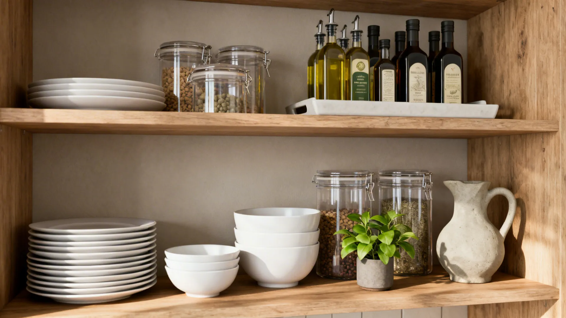 Open shelves styled 70% functional with dishes and jars, 30% decorative with a plant and pitcher.