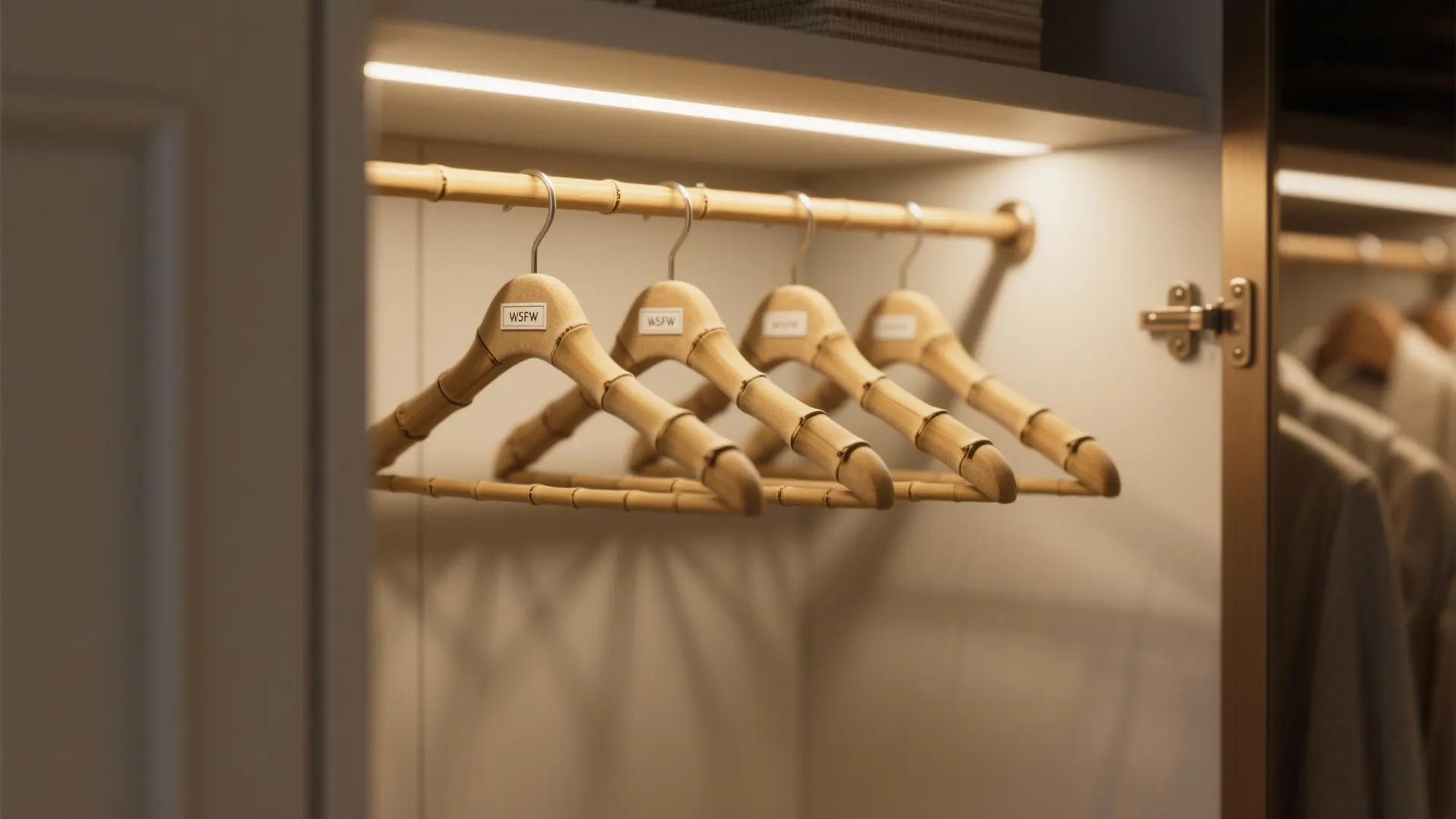 Bamboo clothes hangers hanging on a wooden rod inside a closet with bright warm lighting