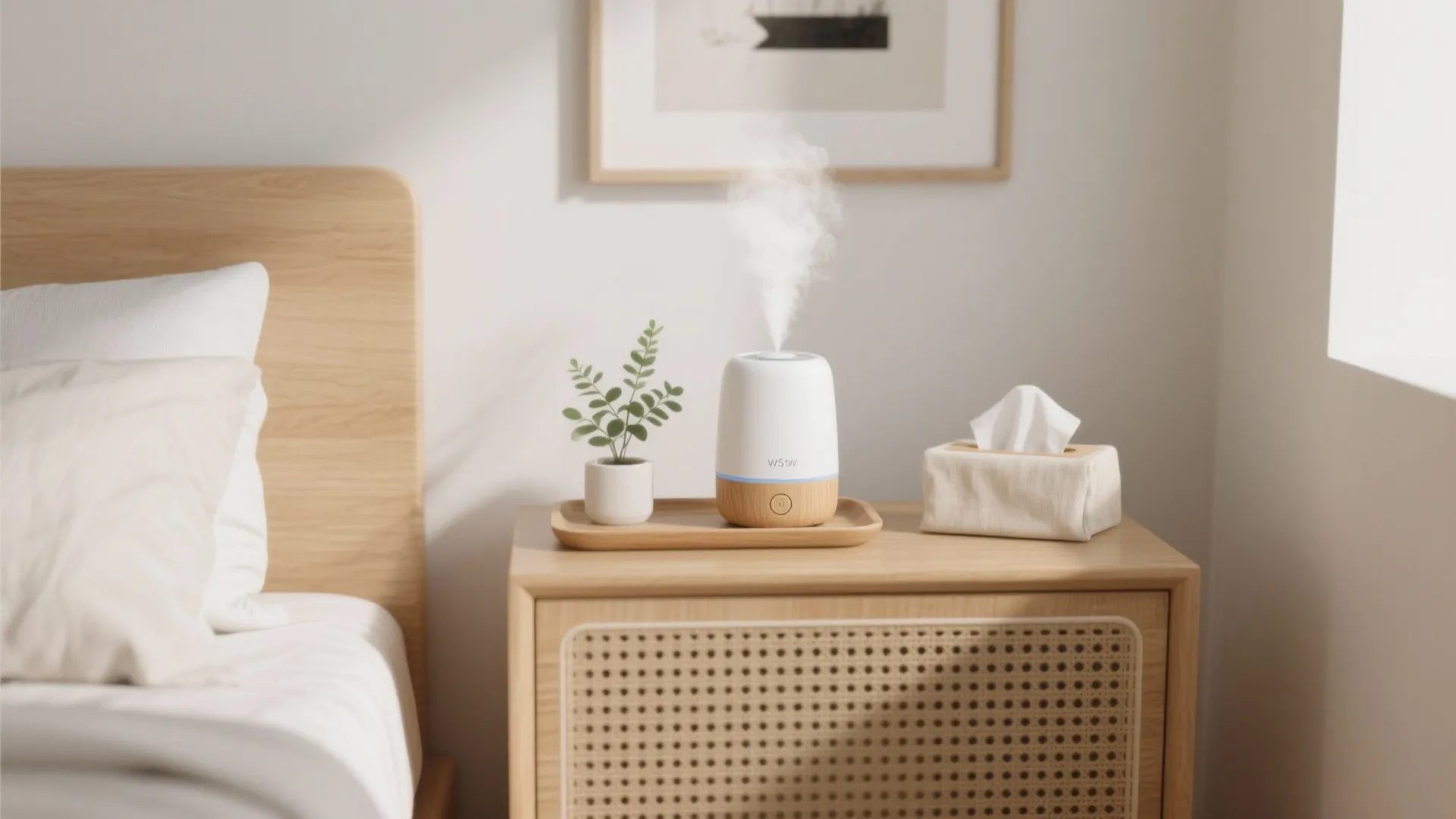 Styled small bedroom corner with a humidifier on a tray, plant, and linen accents.