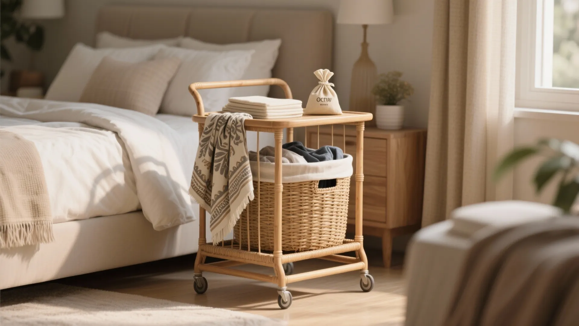 Wooden laundry cart with wheels holding folded towels and a basket next to cozy bed