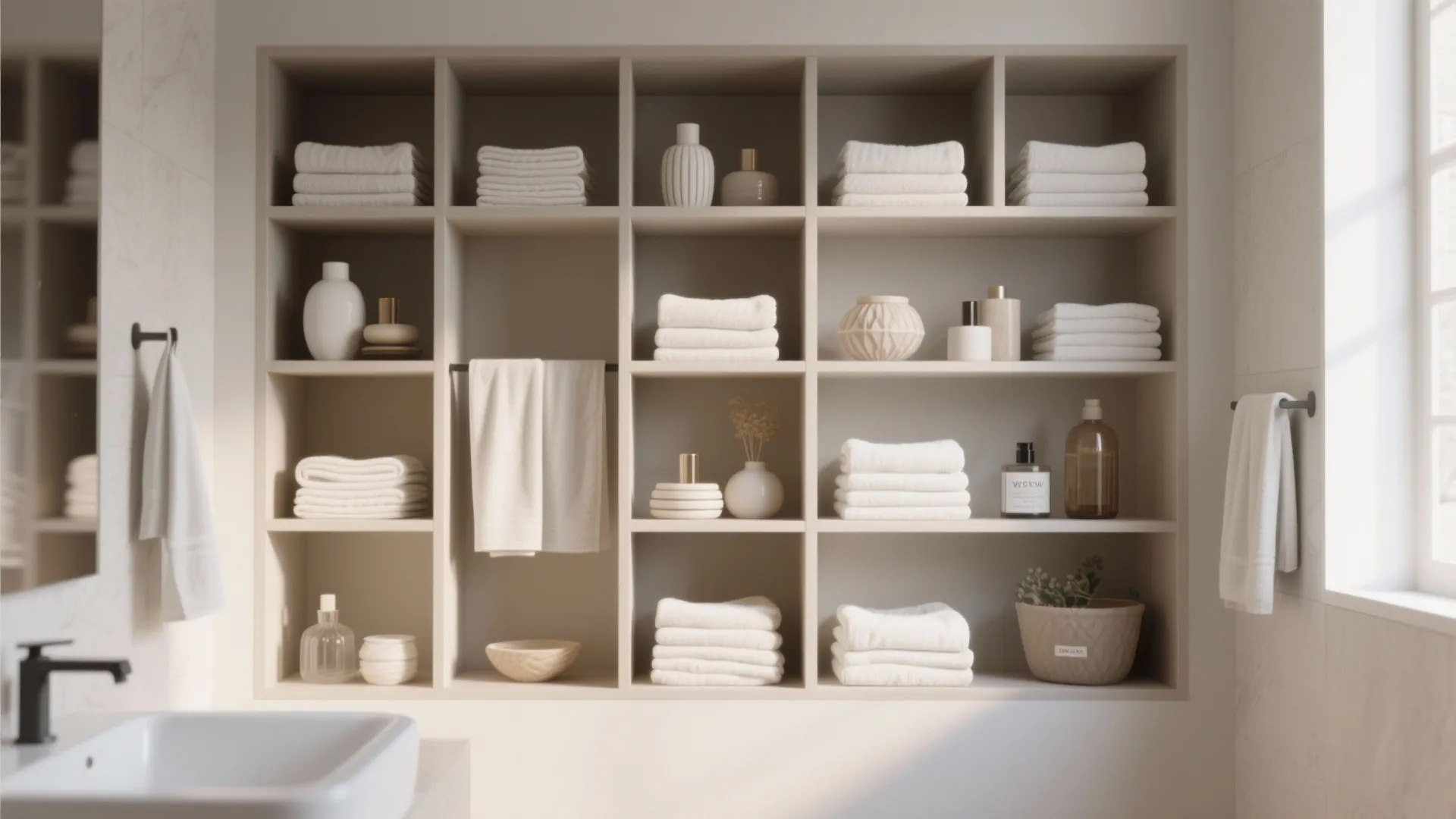 Built-in wall shelving unit in a bathroom holding white towels and various small glass bottles