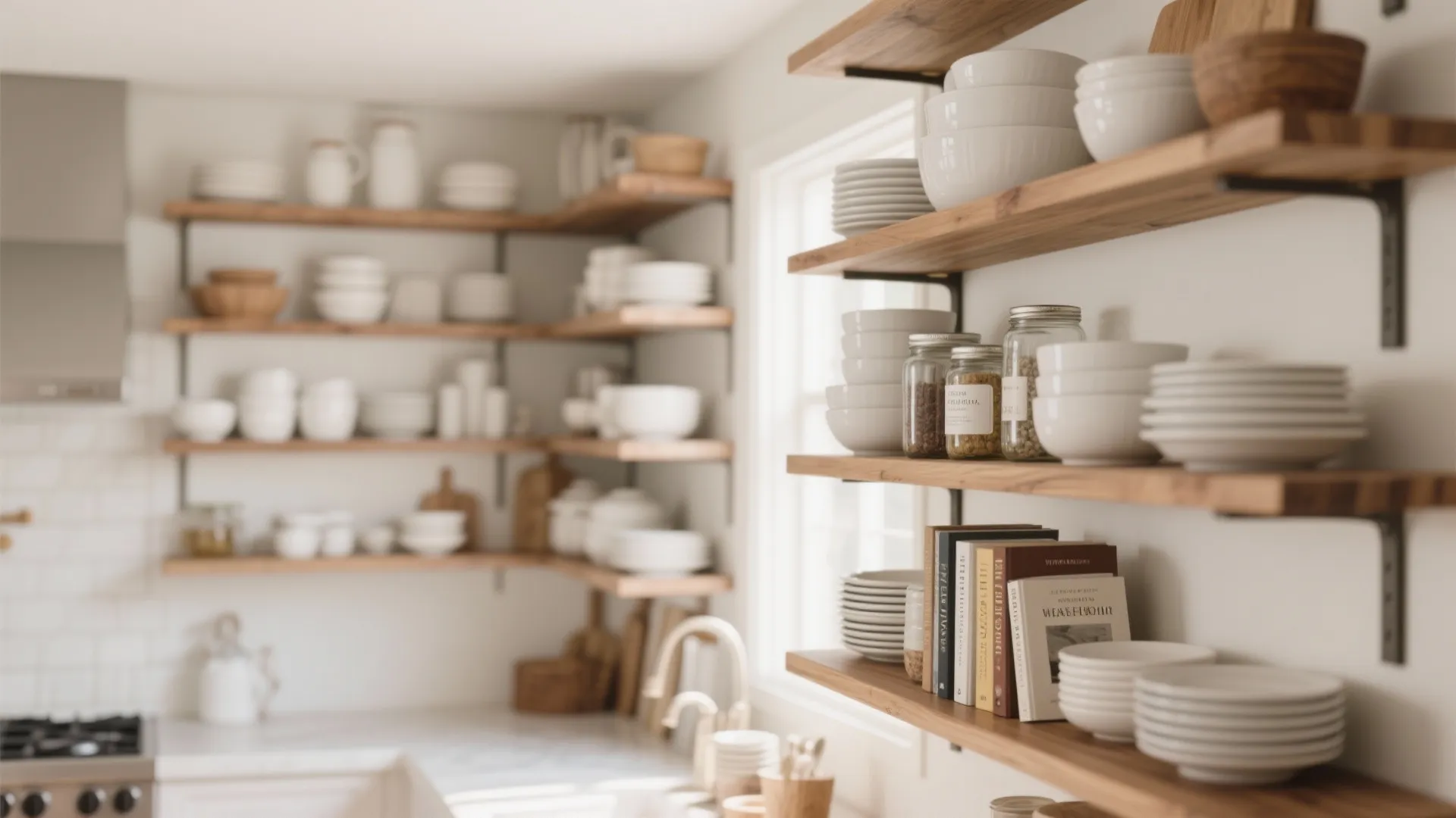 Wooden open shelves in a kitchen holding white bowls plates jars and books against walls