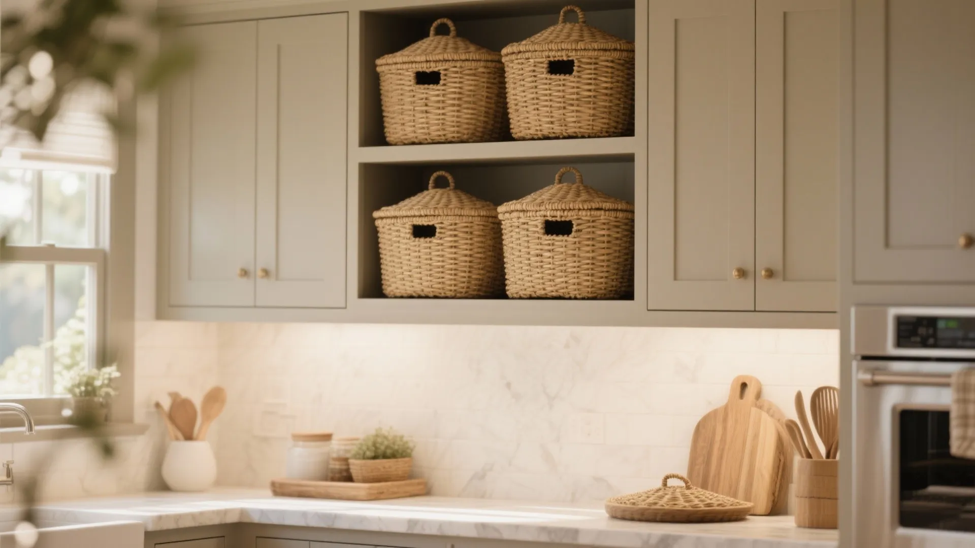 Four woven storage baskets on open wooden shelves in a bright kitchen with marble countertops