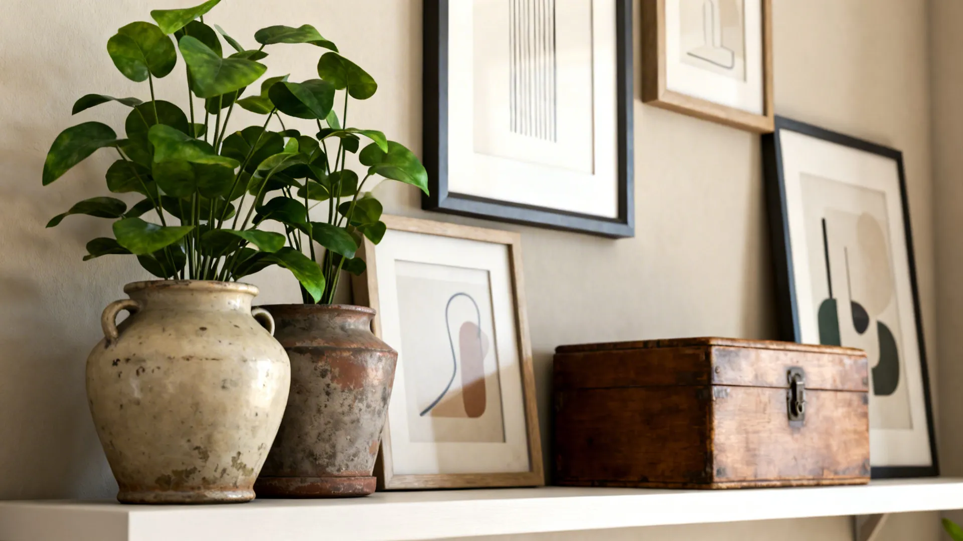 Close up of a white shelf with green potted plant, wooden box, and framed art