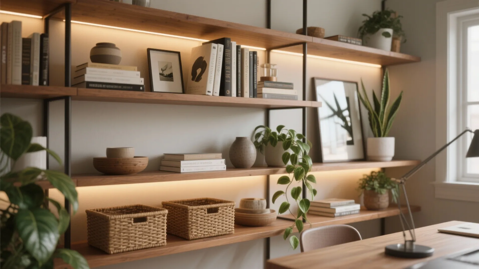 Modern home office with wooden bookshelves featuring warm light strips books baskets and potted plants
