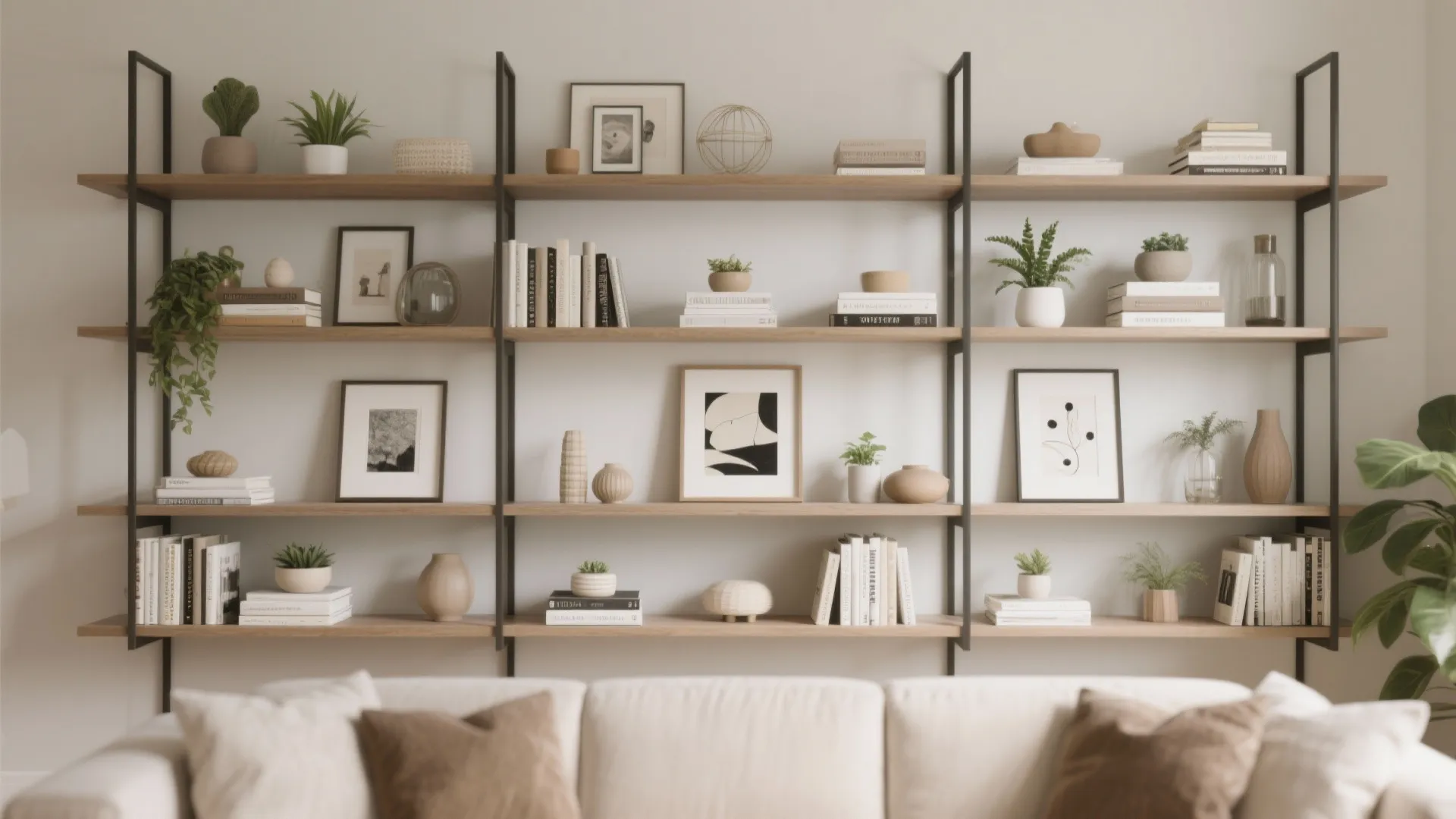 Styled shelves with balanced decor and neutral tones