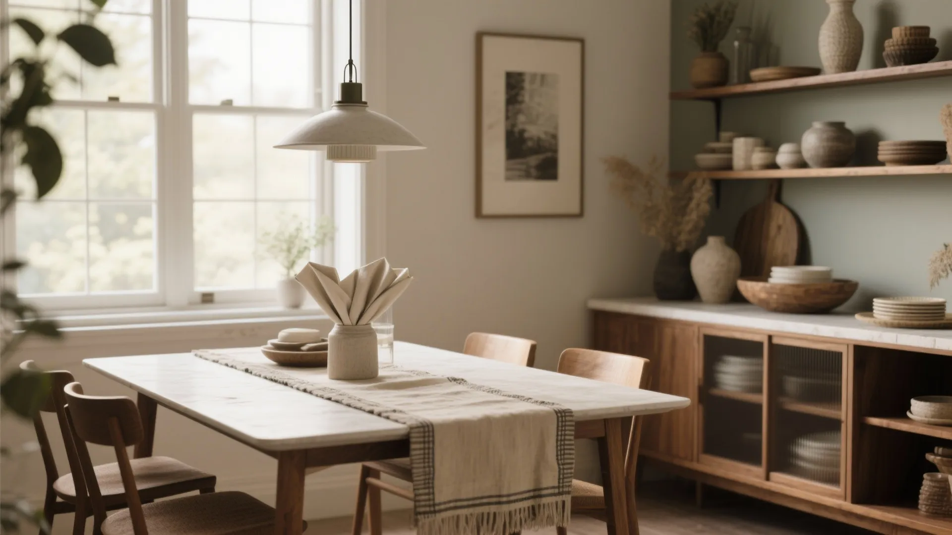 Dining area with wooden table, chairs, ceiling light, white runner, and green wall with shelves