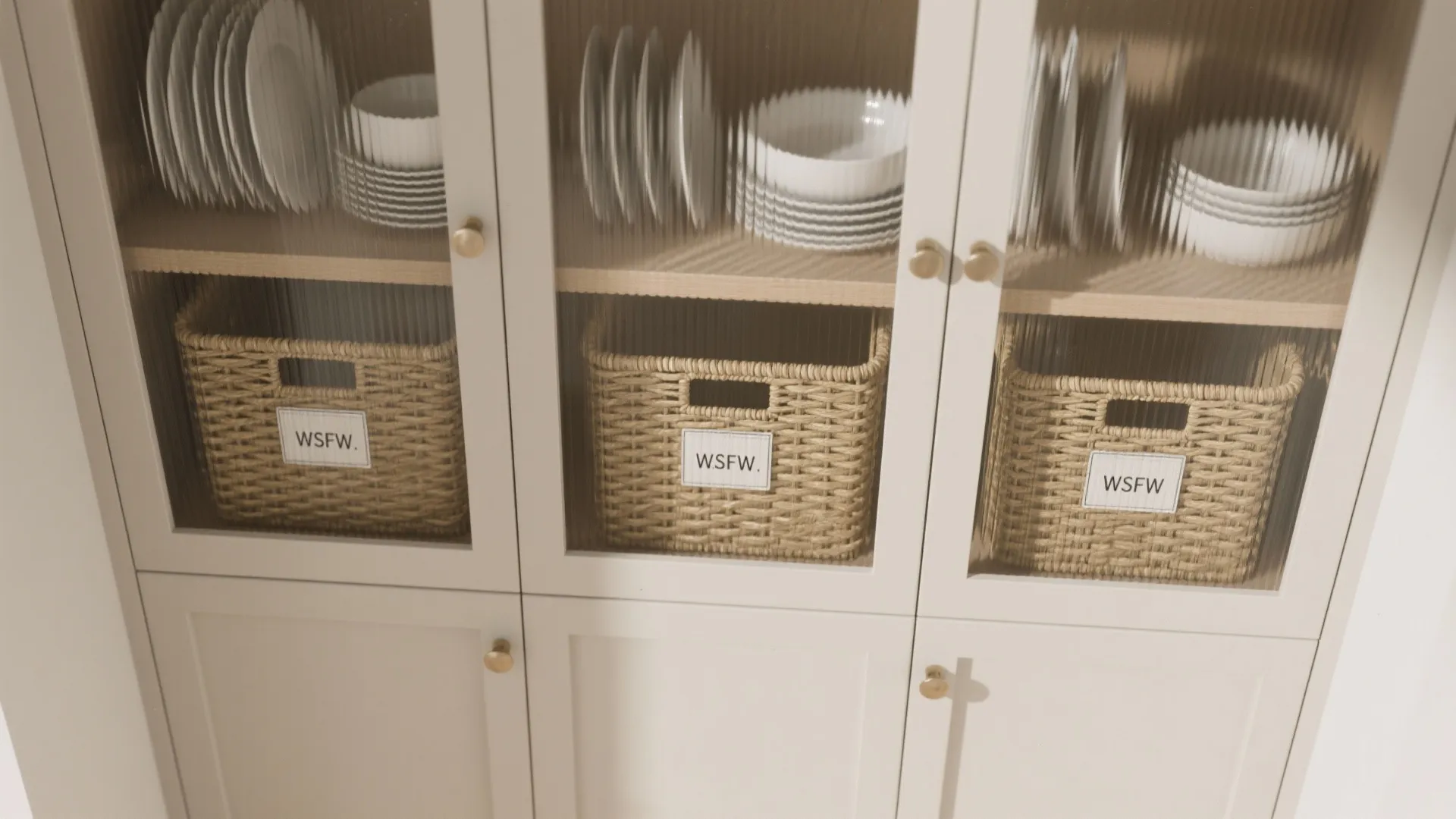 Kitchen storage cabinet with glass doors showing organized plates bowls and three woven storage baskets