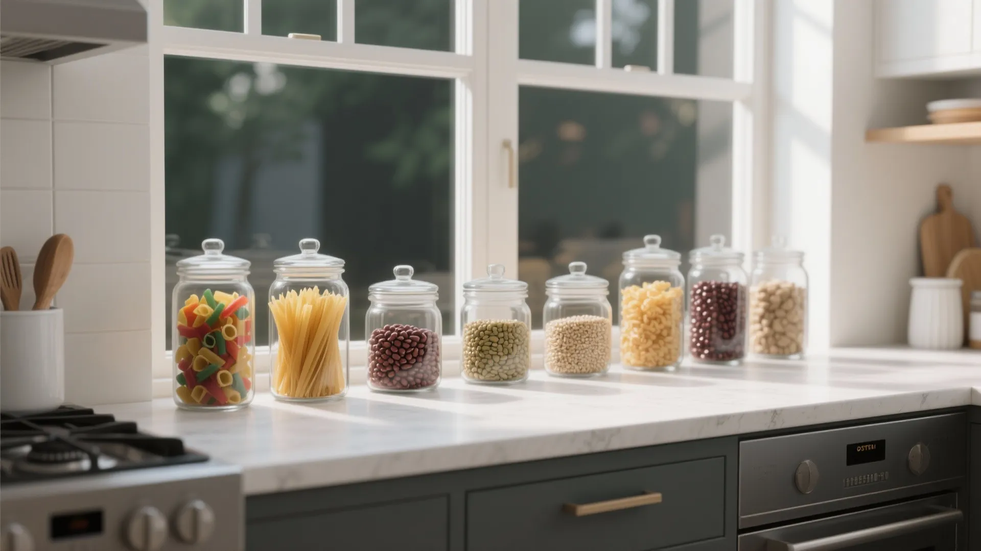 Row of glass jars filled with pasta and beans on a marble kitchen counter by window