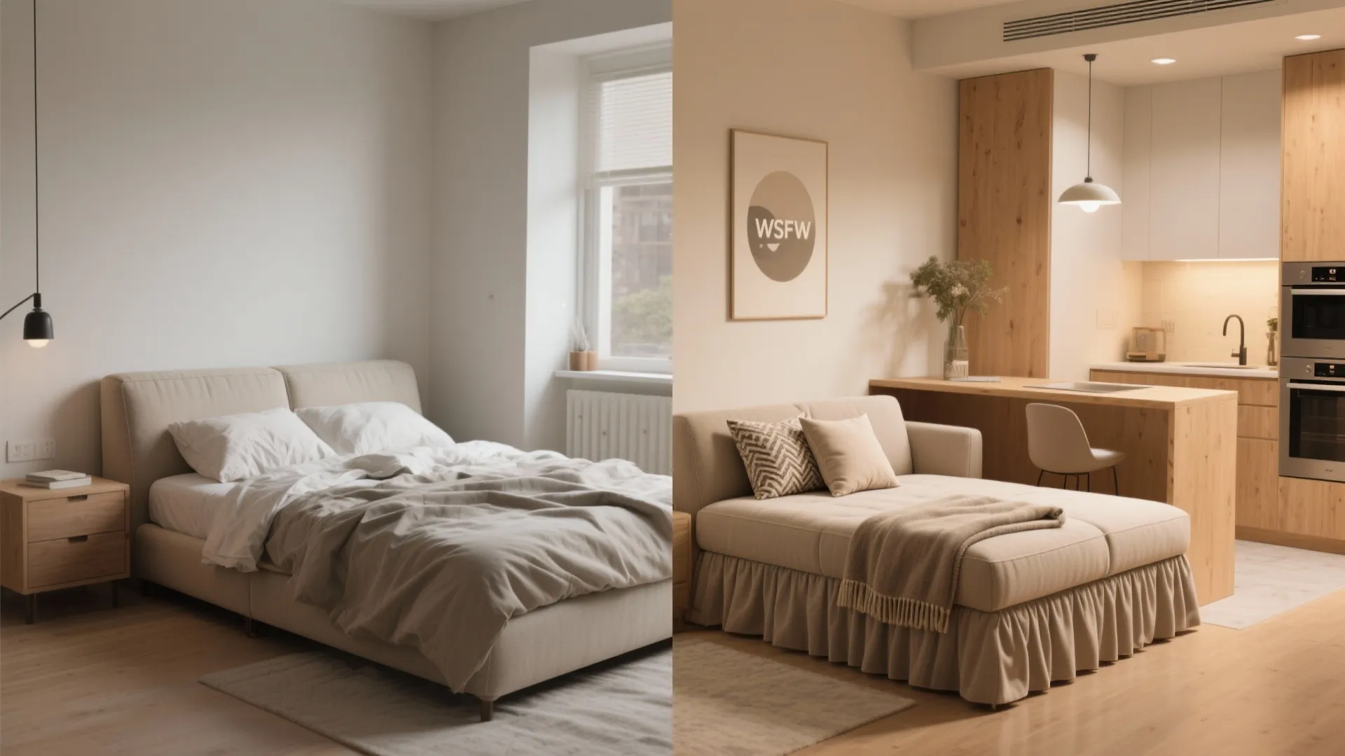 Comparison showing a minimalist bedroom with a large bed next to a modern open kitchen