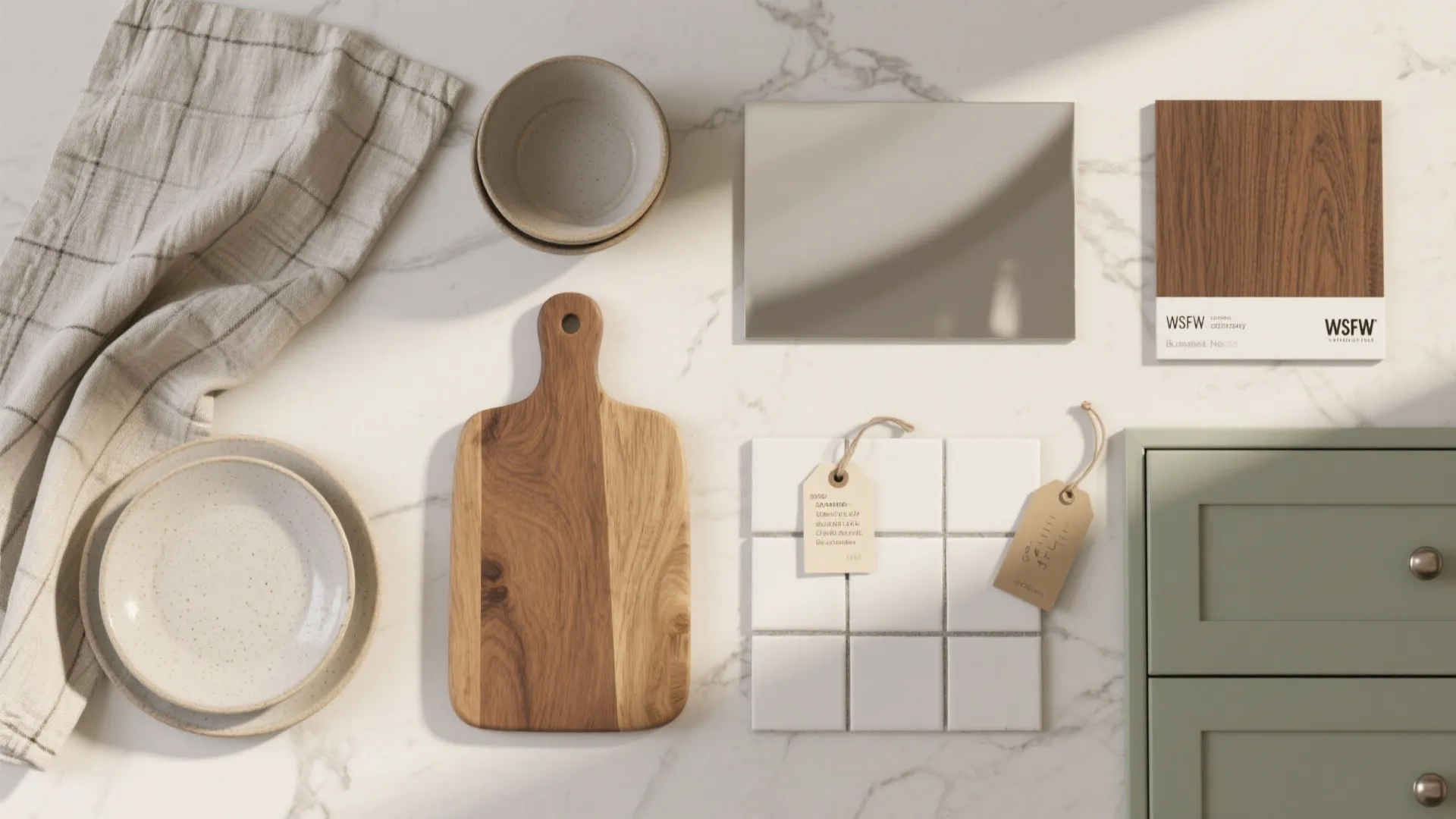 Moodboard flatlay showing linen, ceramics, walnut veneer, and budget-friendly material samples.