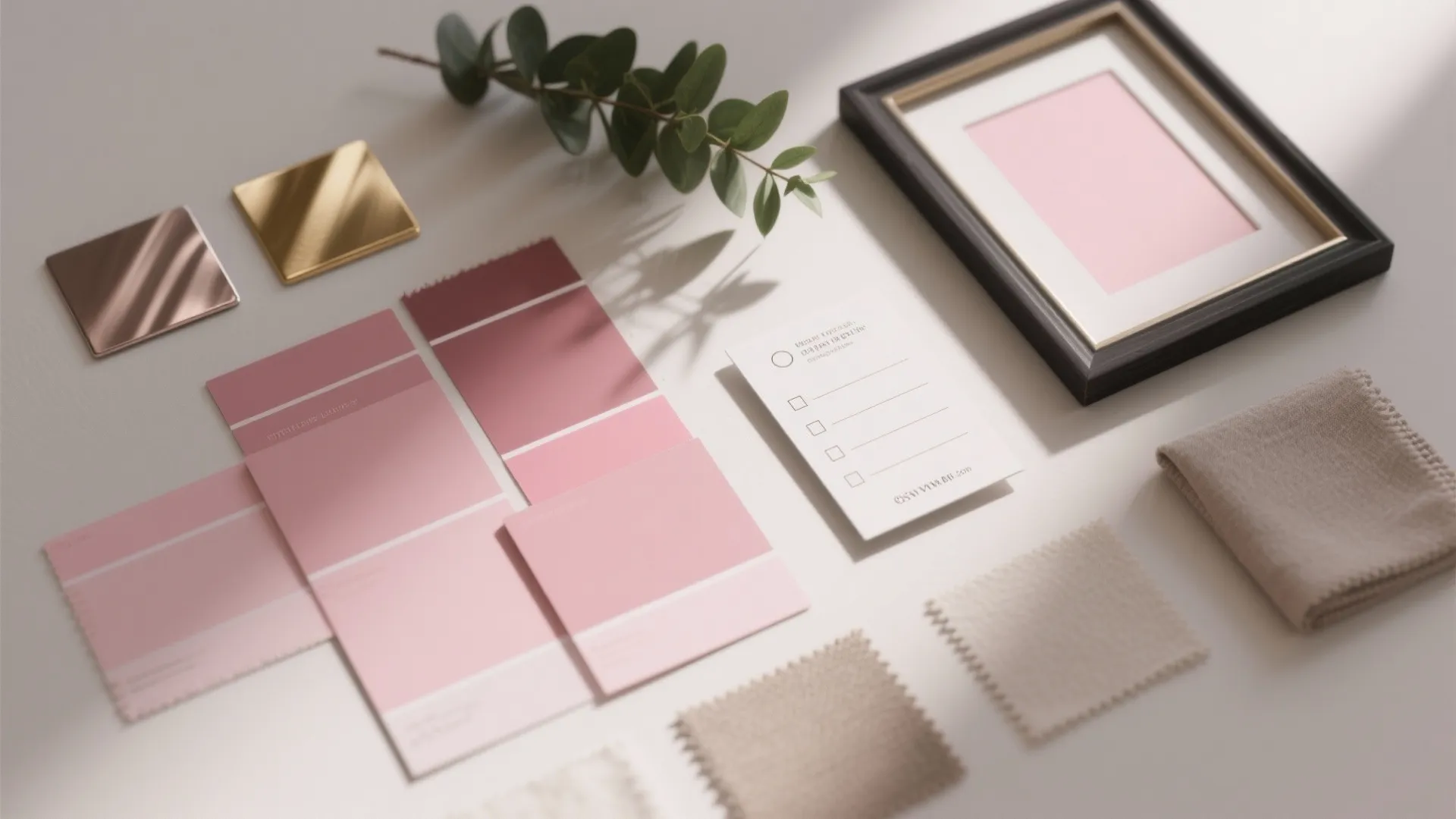 Interior design mood board with pink color swatches fabric samples gold metal plates and frame