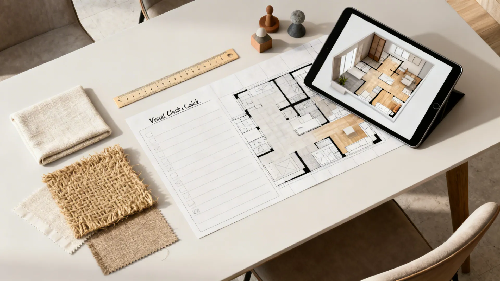 Top-down checklist layout for styling a dining table with samples, small tools and a tablet showing a 3D planner.
