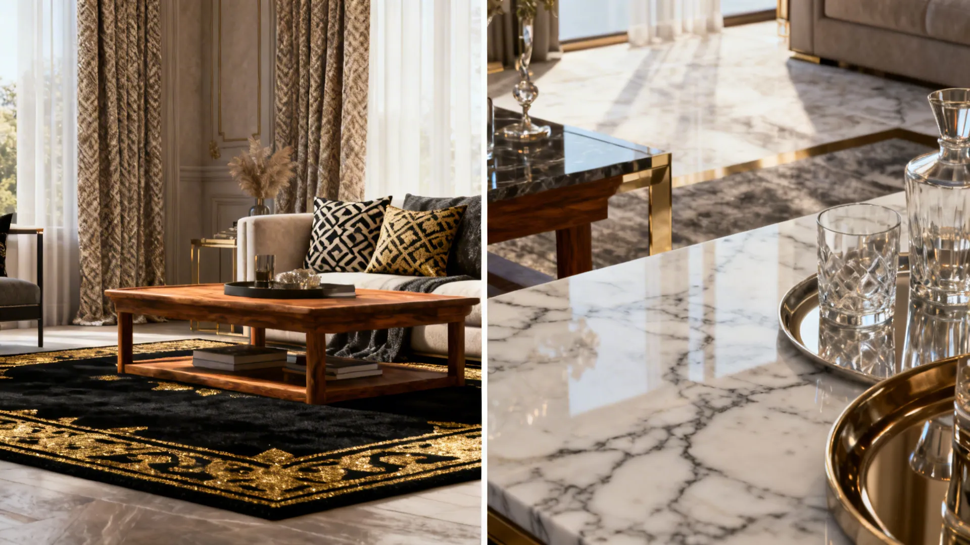 Split vignette showing black-and-gold rug styled with warm wood and with marble and glass for high contrast.