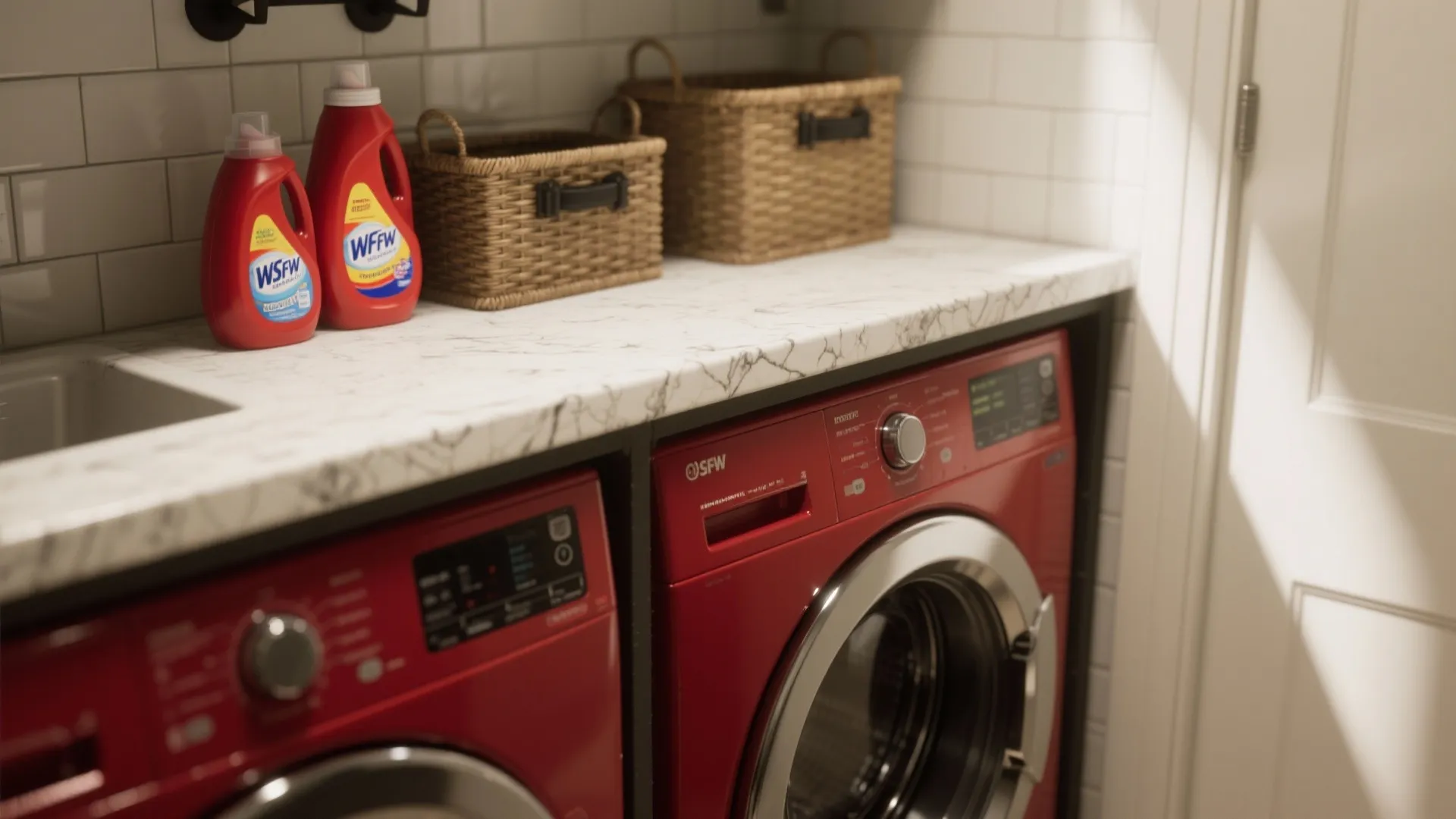 Close-up of labeled containers, woven basket, matte black hardware and tile textures in a red-appliance laundry room.