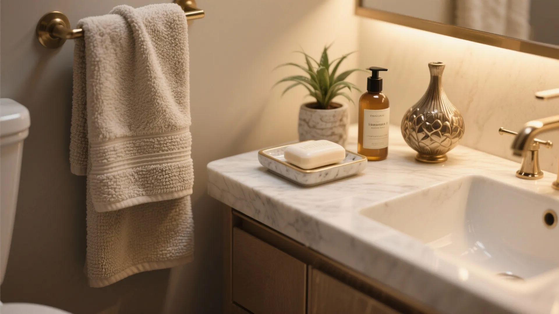 Close up of marble bathroom counter with soap dish gold faucet small plant and beige towel