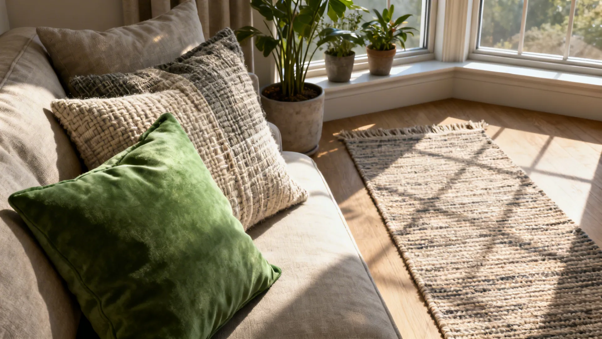 Layered cushions, runner rug and plants styled at a bay window to add texture and interest.