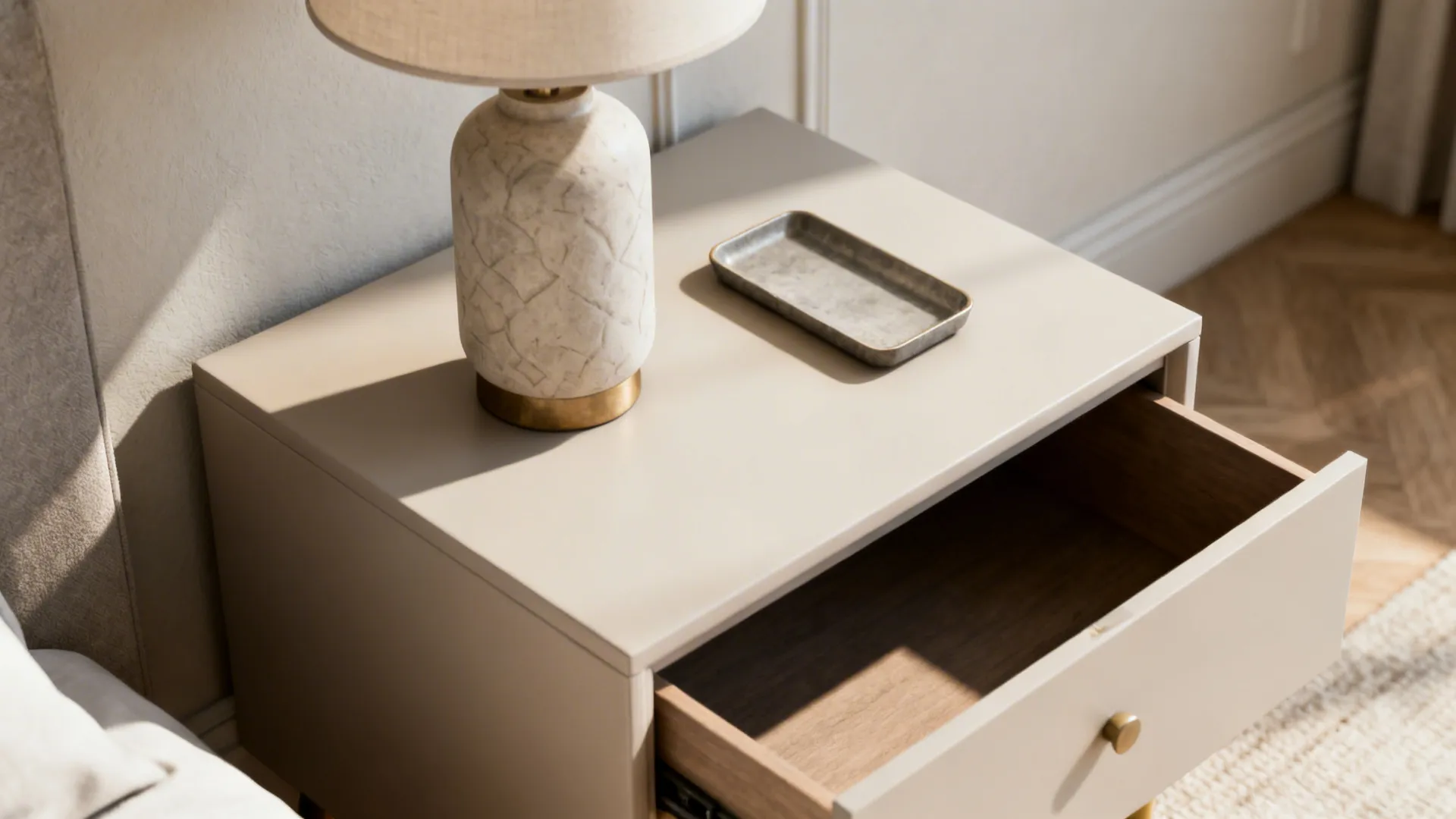 Neatly styled end table with a lamp and tray, drawer slightly open to show organized interior.
