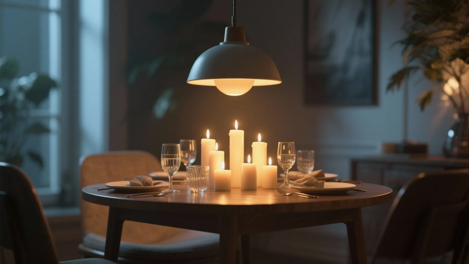 Warm pendant light and clustered candles creating an intimate pool of light over a small dining table.