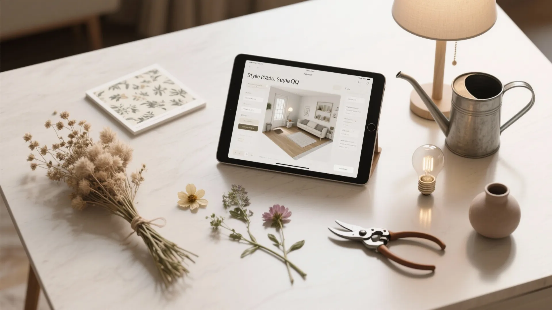Tablet displaying interior design drawing on white table with dried flowers scissors and a lamp