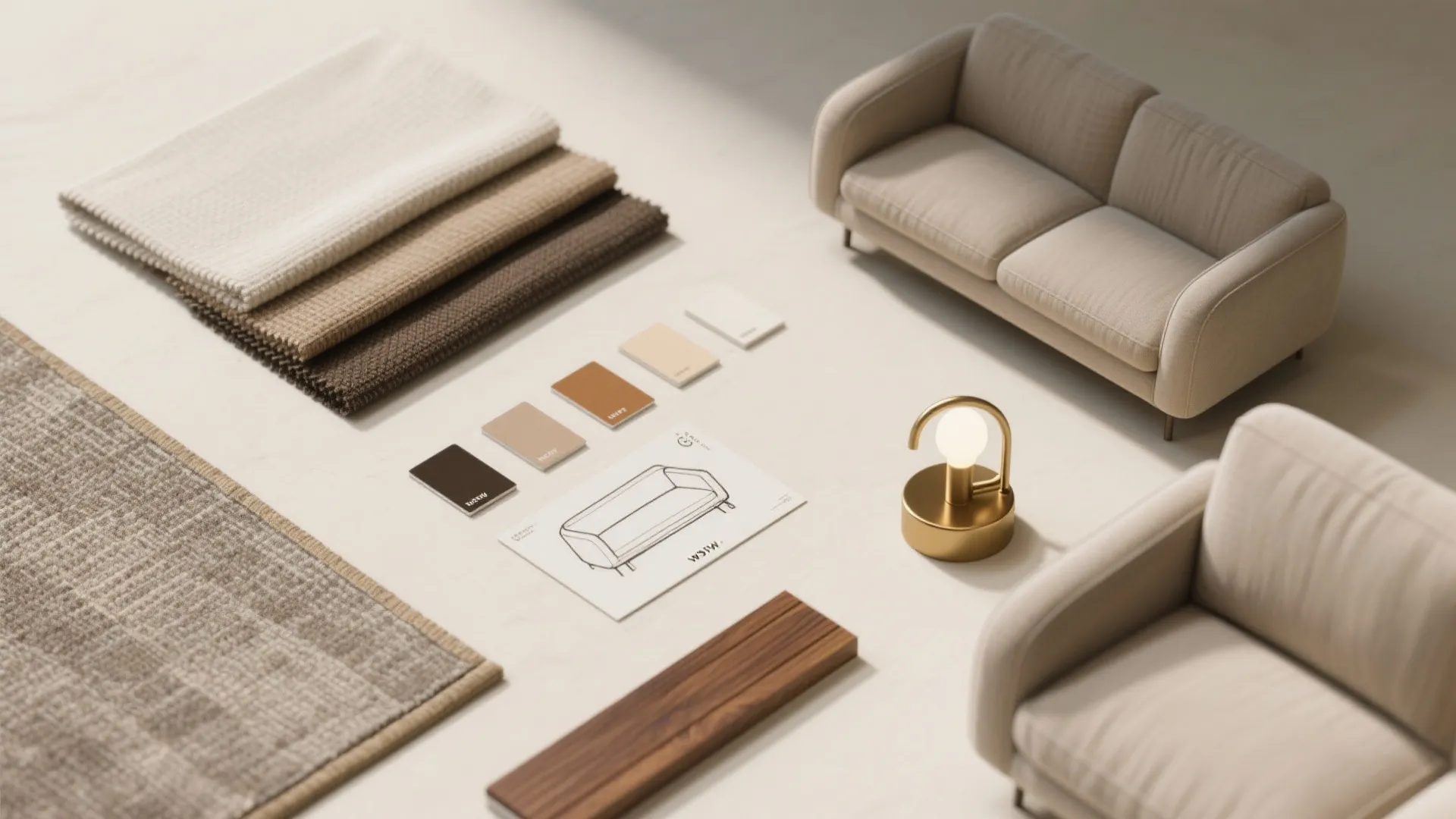Interior design mood board with fabric samples, color palettes, wood flooring, sofa, and light fixture