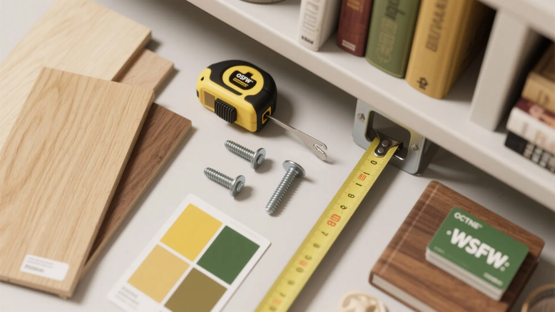 Interior design tools including measuring tape screws wood samples and color swatches on a table