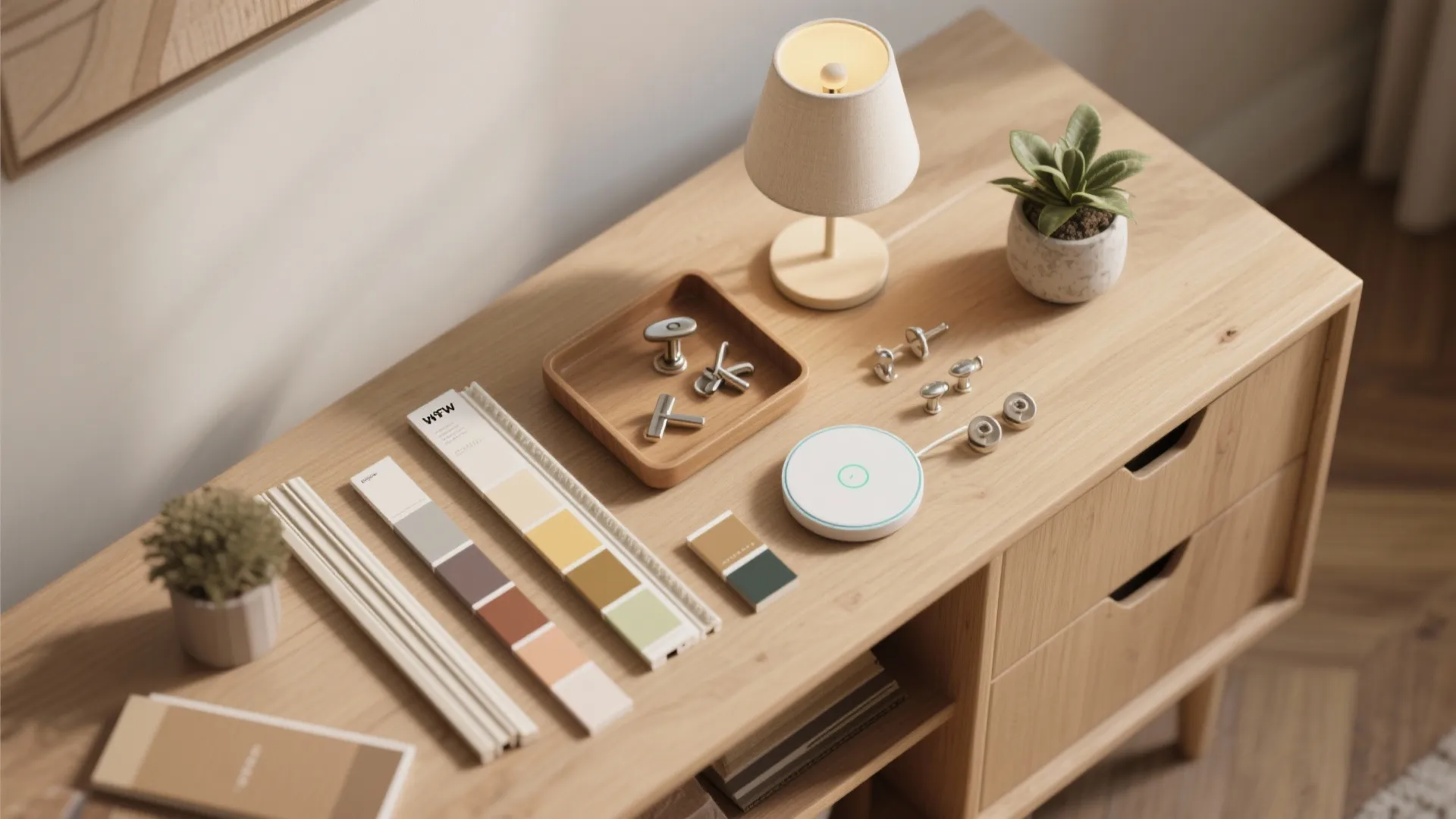 Wooden cabinet top with color samples, metal knobs, a small table lamp, and potted plant