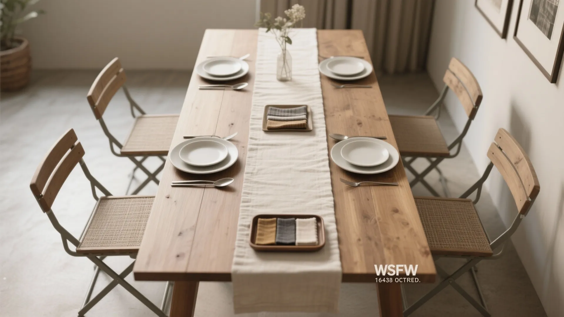 Long wooden dining table set with plates, cutlery, white runner, and four wooden folding chairs