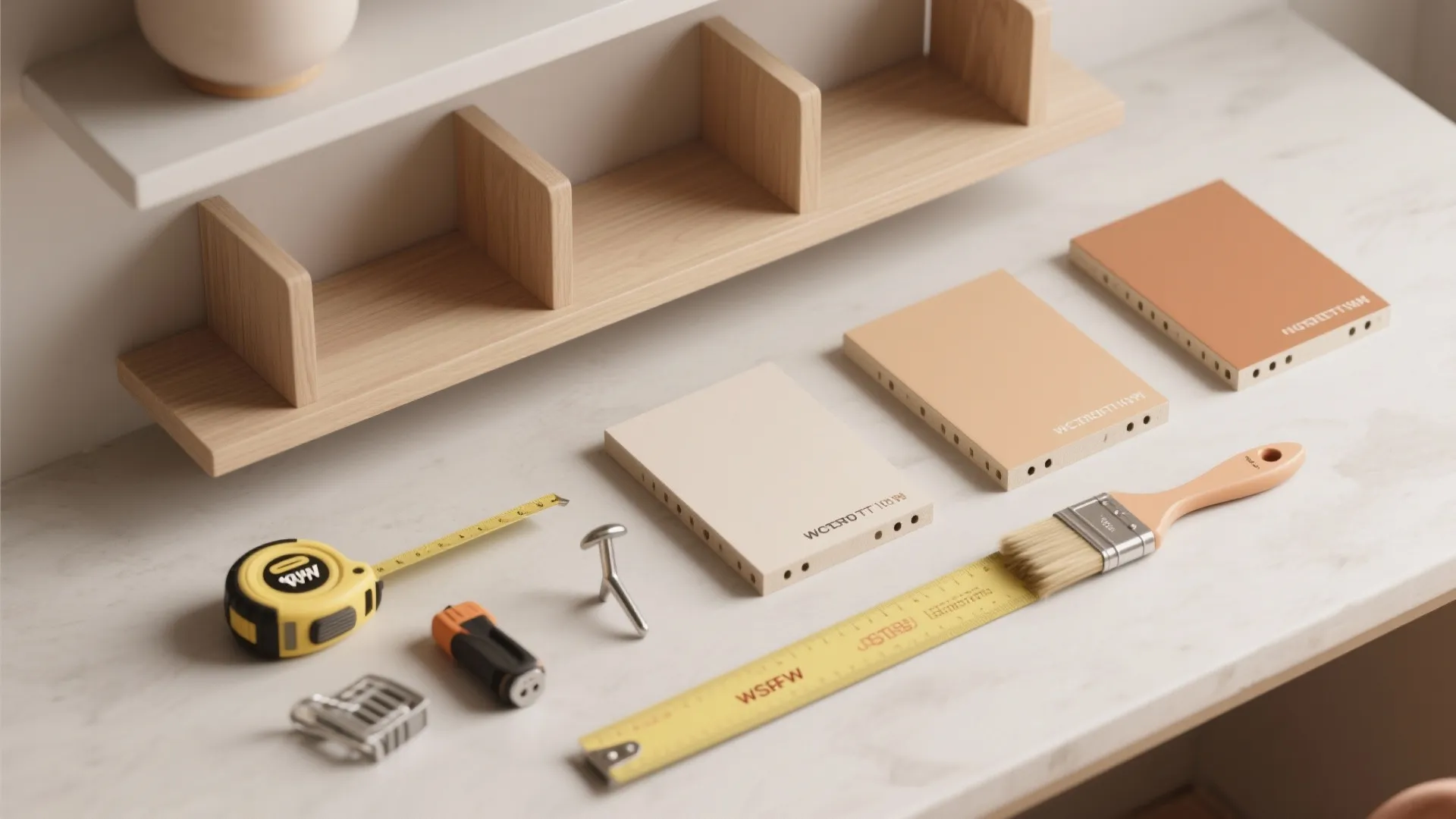 Interior design drawing tools including measuring tape and wood samples on a white marble desk