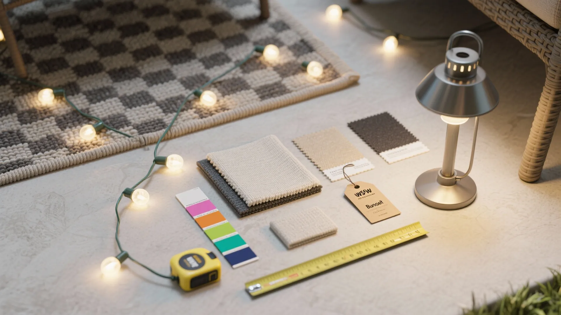 Interior design materials including fabric samples color palette measuring tape and small light fixture on floor