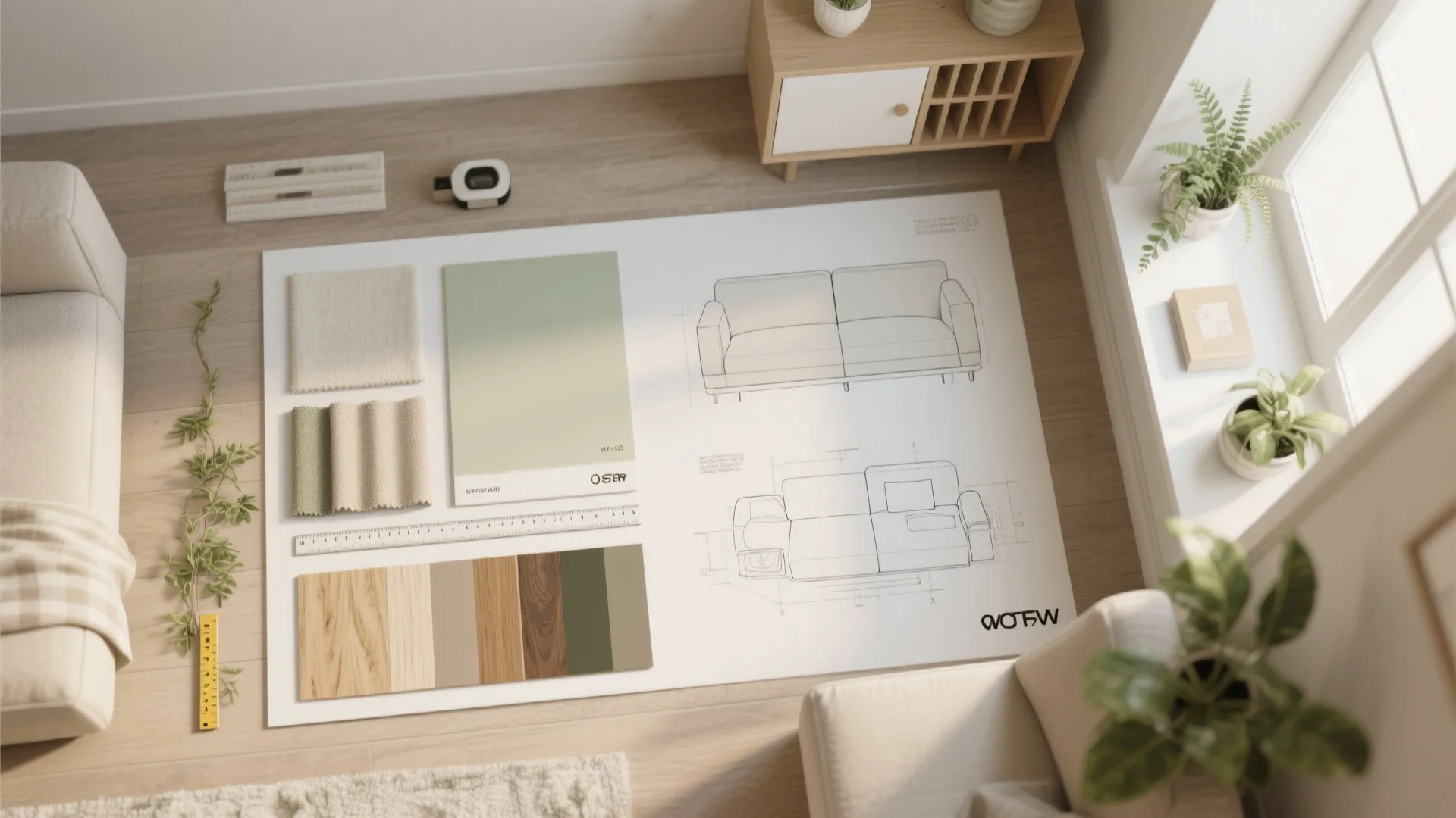 Interior design mood board on floor with sofa drawings fabric samples color palettes and small plants