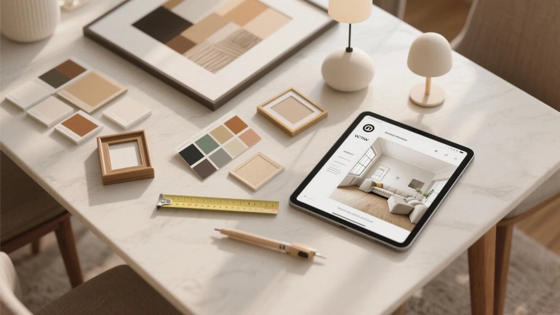 Interior design workspace with tablet showing room layout color swatches measuring tape and marble table