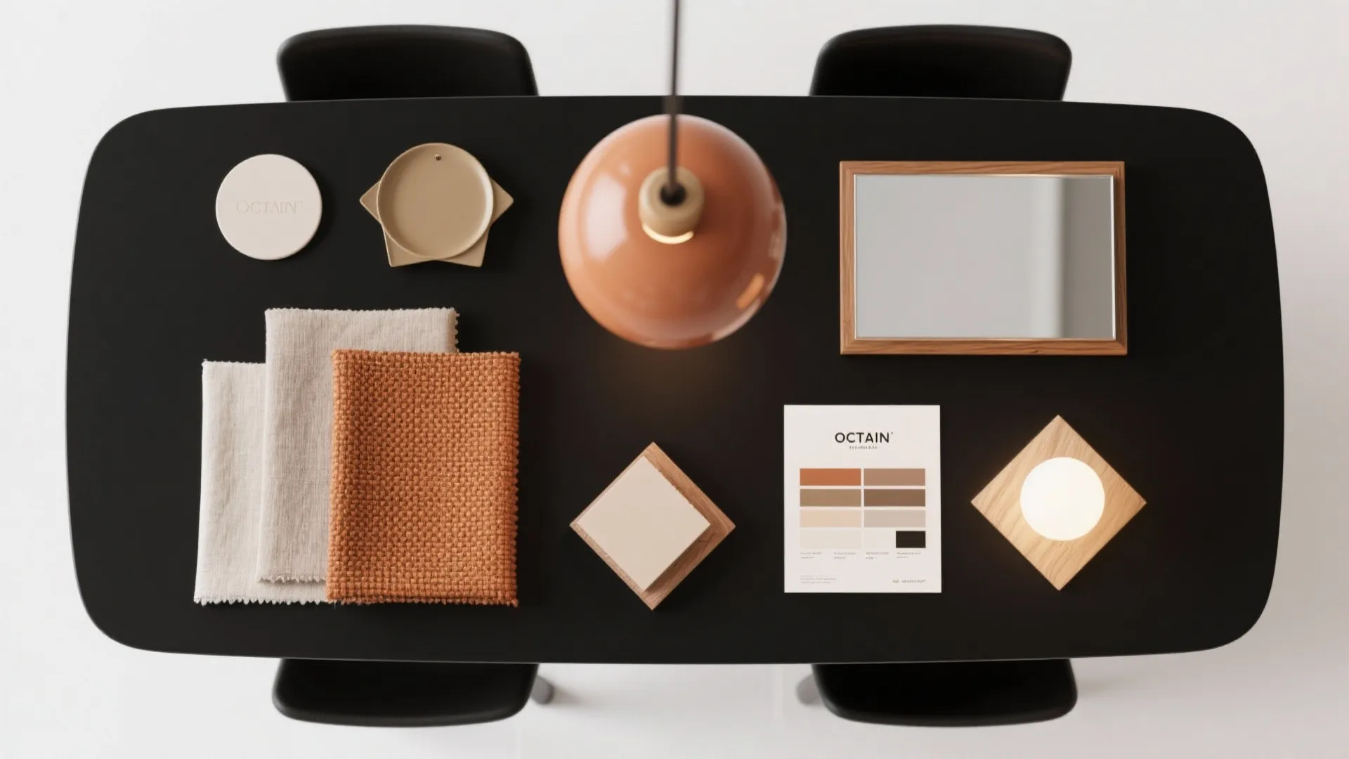 Flatlay of warm textiles, paint chips, mirror and wood samples for styling a black table.