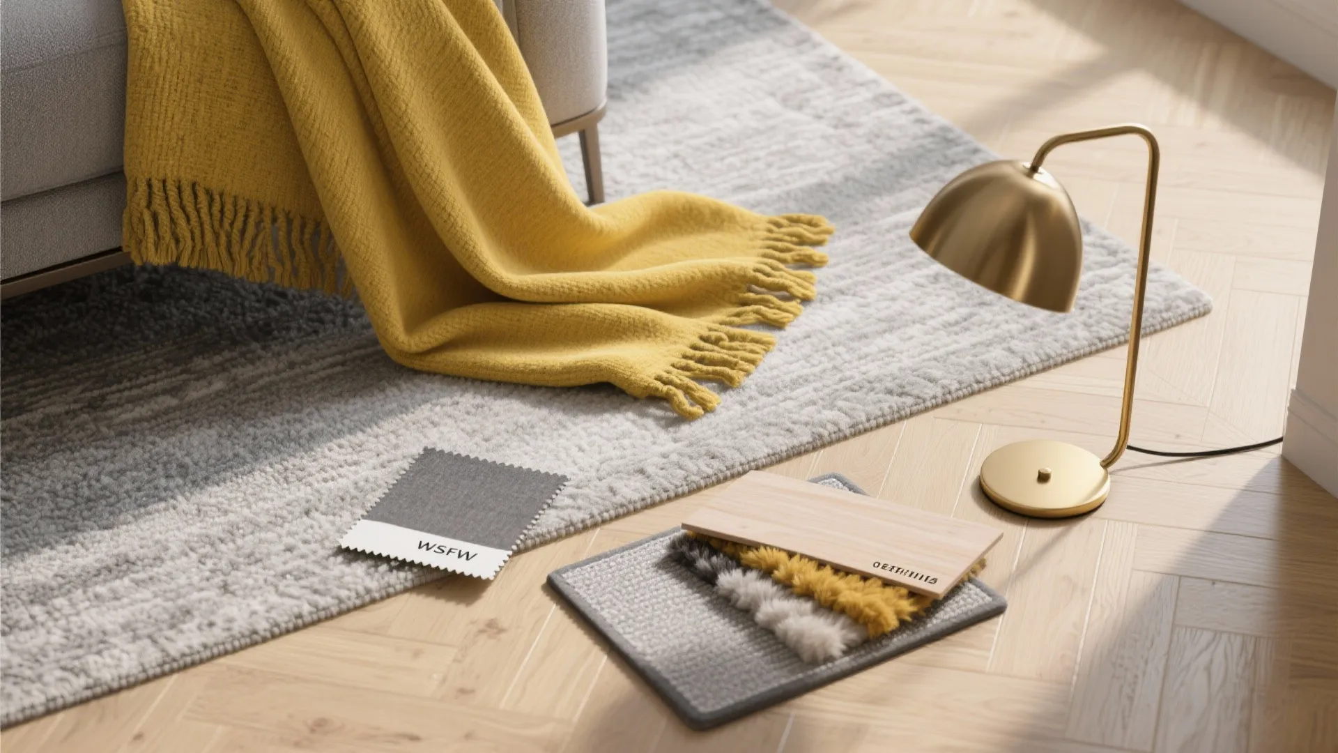 Flatlay of yellow throw, grey fabric swatch, brass lamp sample and rug swatches for styling reference.