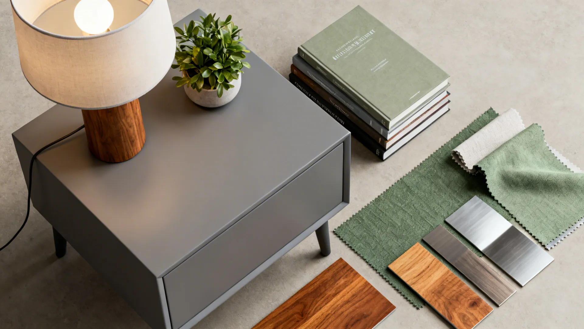 Top-down flatlay of styling items for a grey end table: lamp, plant, books, and material swatches.