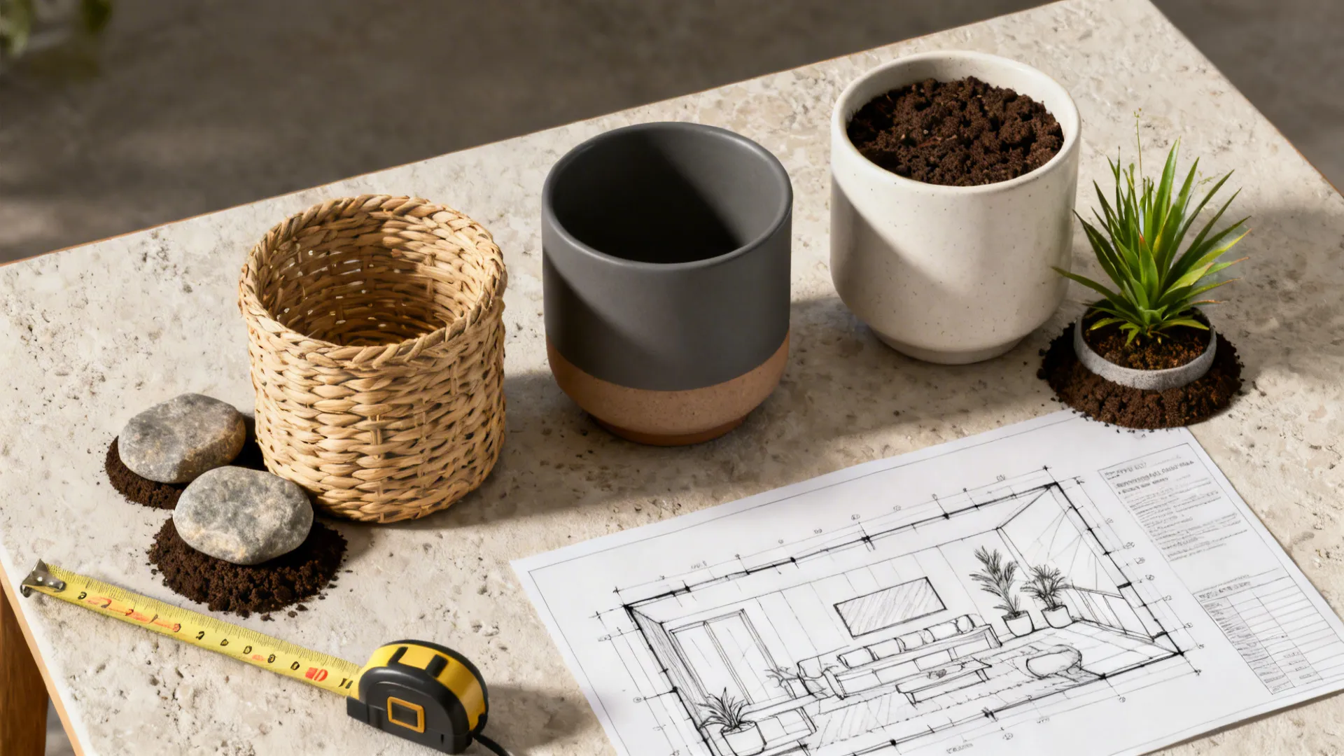 Flatlay of pot samples, stone toppers and a room planner sketch for styling faux plants