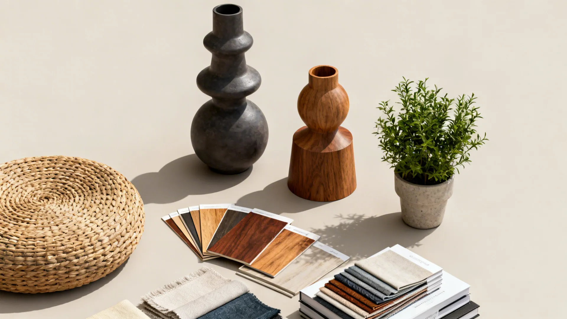 Flatlay of styling elements for TV stand including odd-number groupings and material swatches