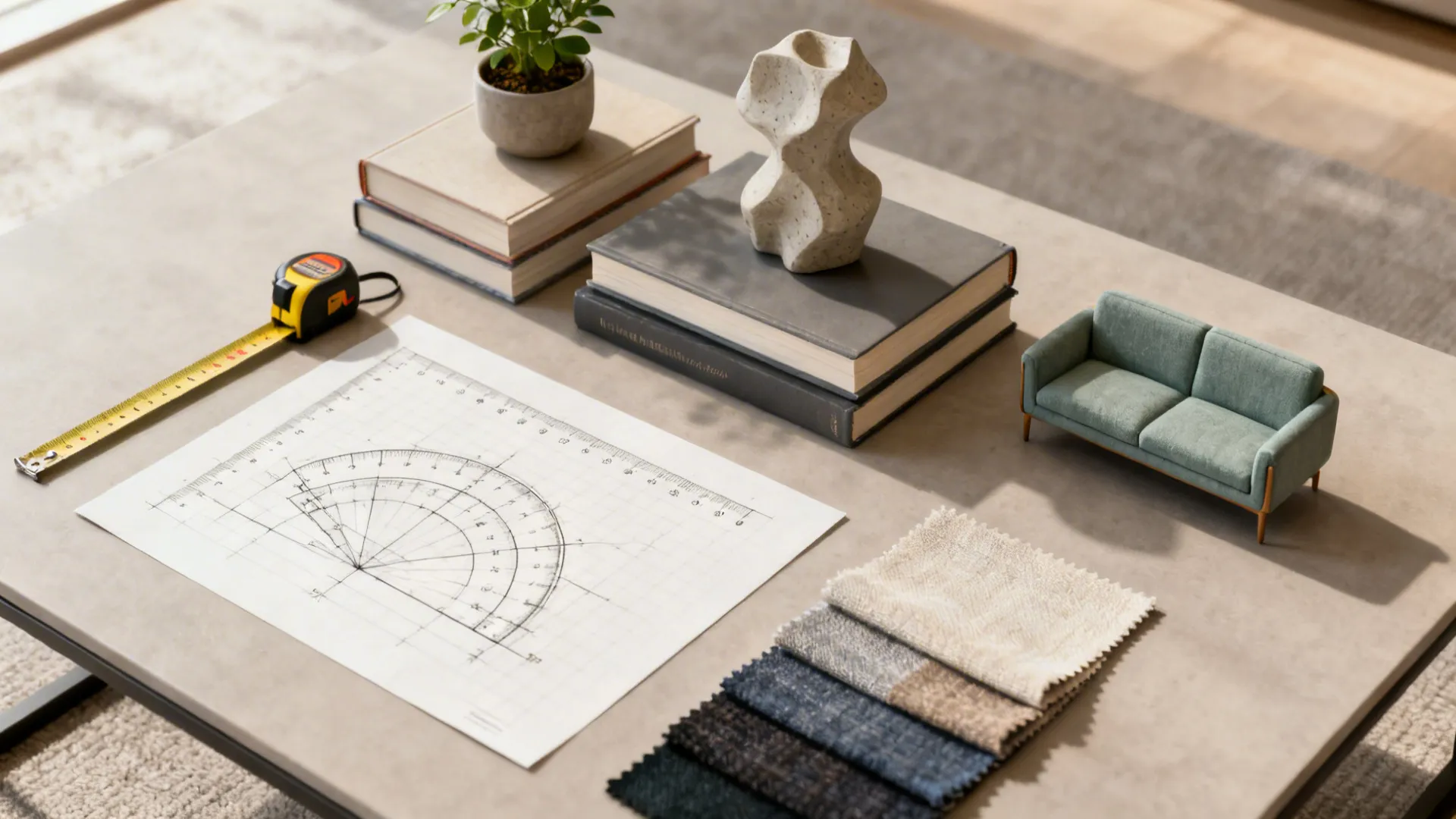 Flatlay of styling elements: books, sculptural object, plant, measuring tools and fabric swatches.