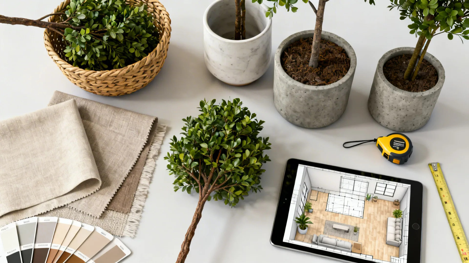 Flatlay of planters, fabric swatches, color cards, tape measure and a tablet showing a room planner