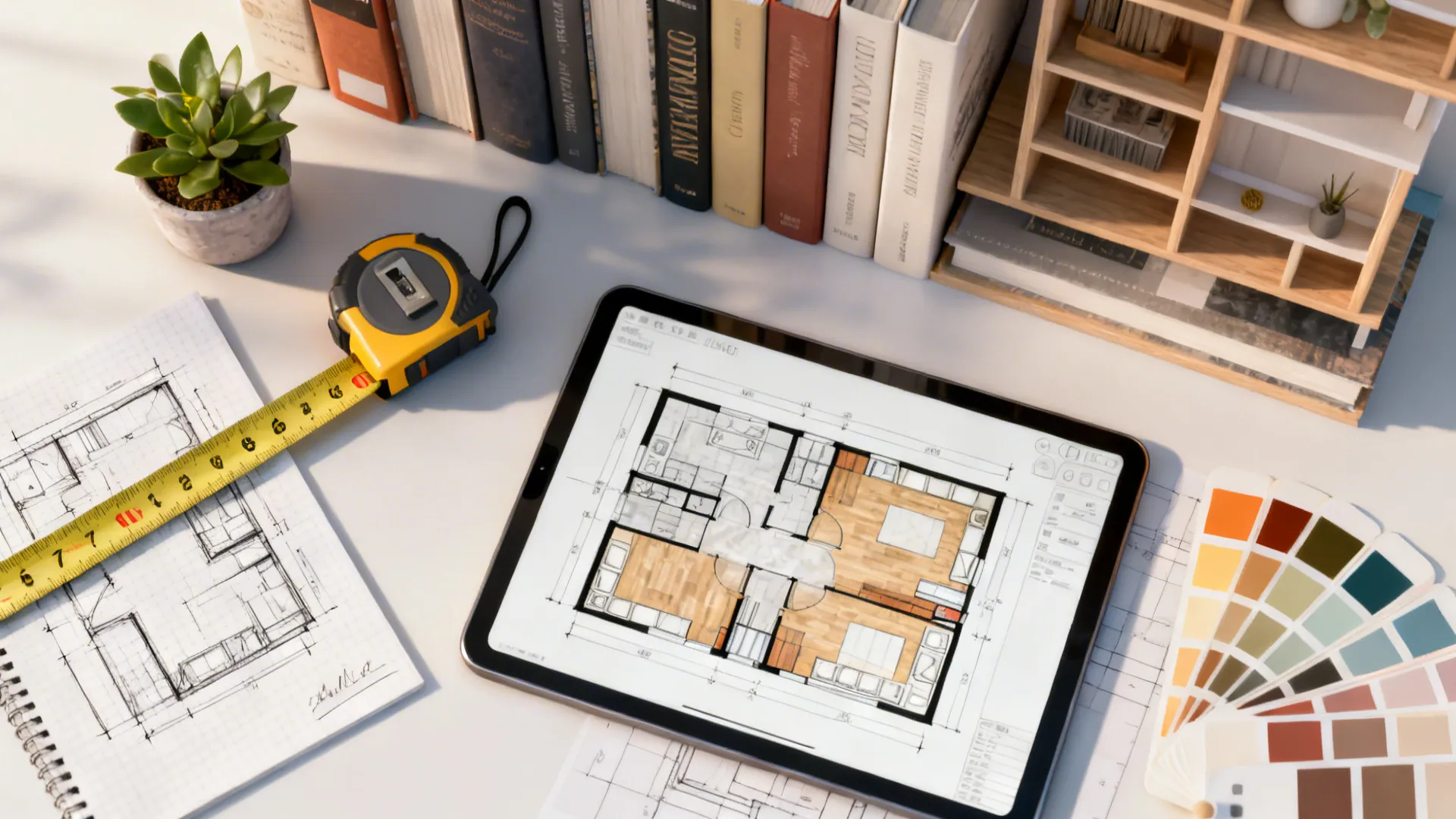 Top-down flatlay of measuring tape, color swatches, and a tablet with a 3D floor planner for bookshelf planning.